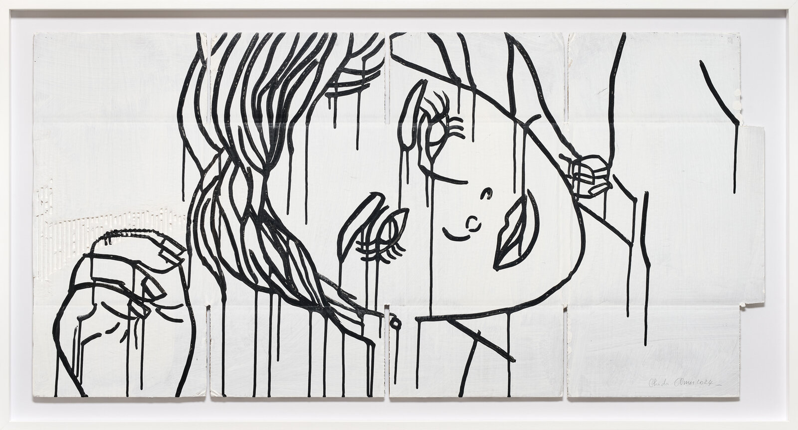 A black-and-white line drawing of a figure with long hair, rendered in dripping ink on a white background.