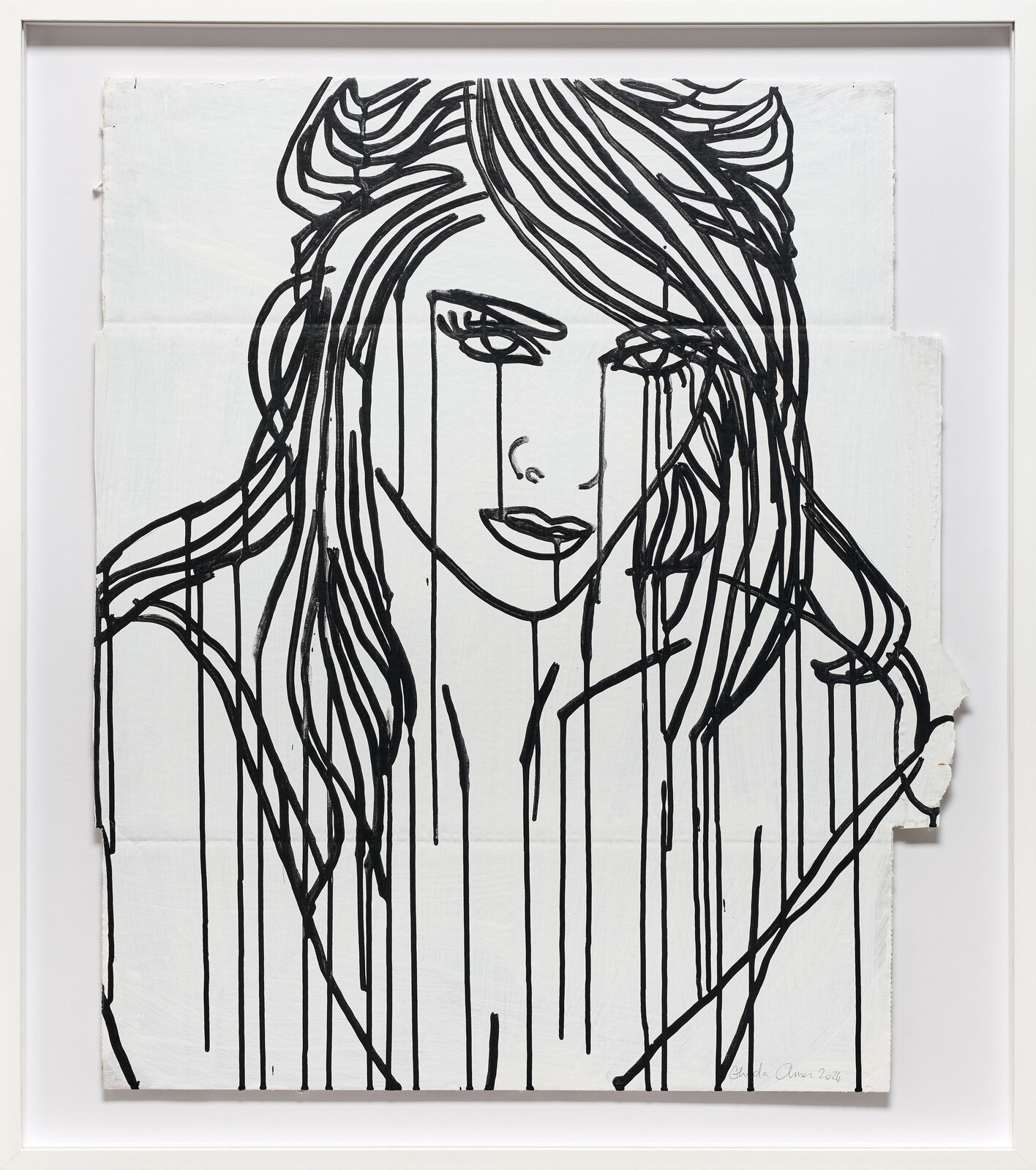 A black-and-white portrait of a figure with long hair, rendered in dripping ink lines against a white background.