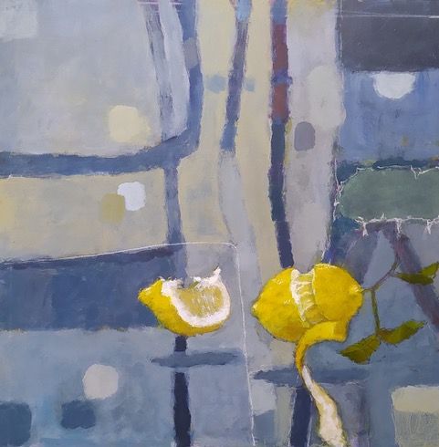 a painting of two lemons on a table