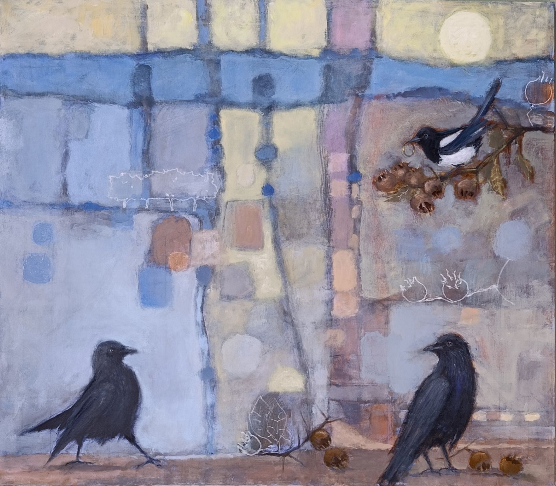 A nocturnal urban scene featuring three birds against a backdrop of illuminated windows.