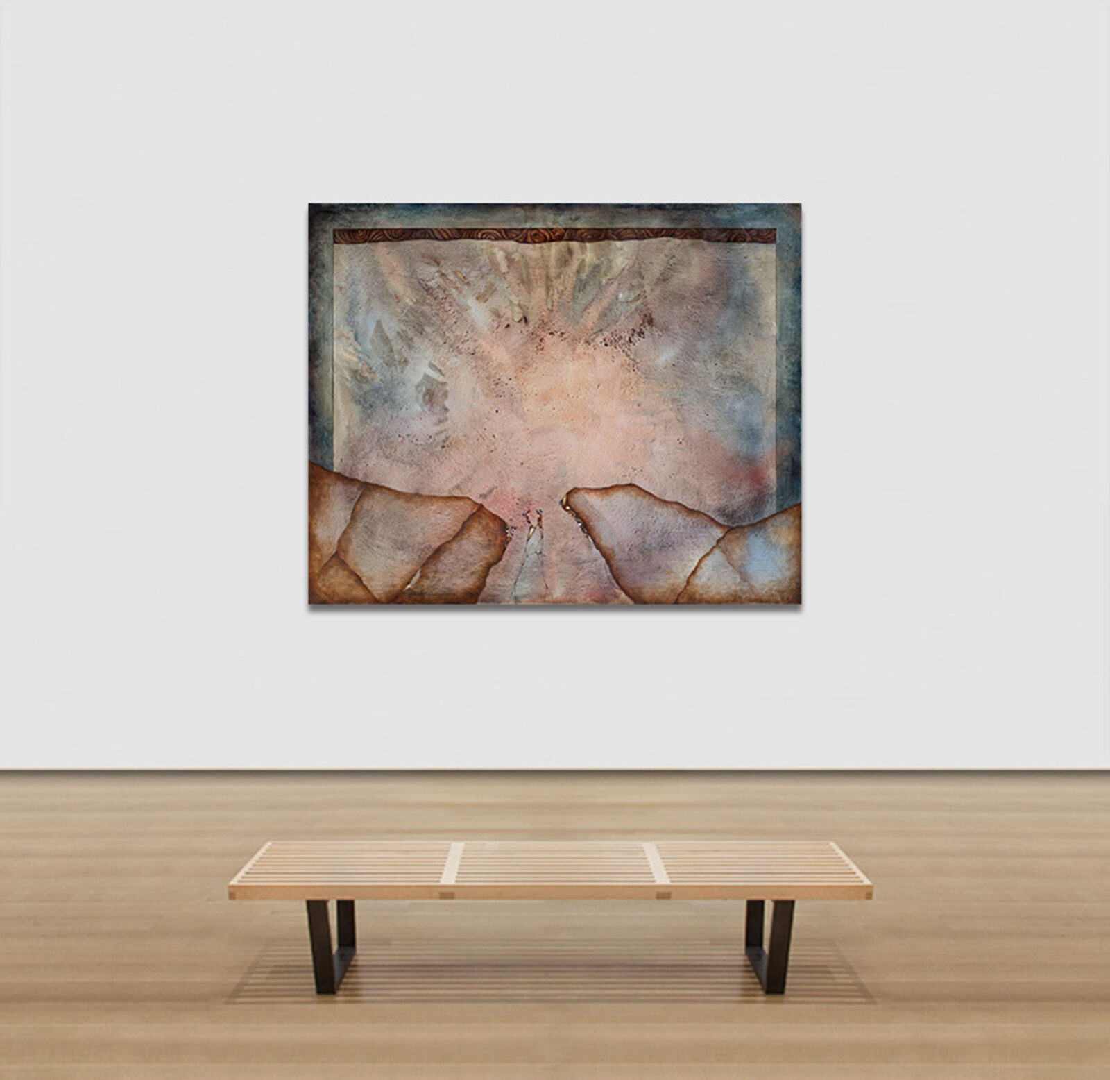 A painting of two people standing in front of a mountain.