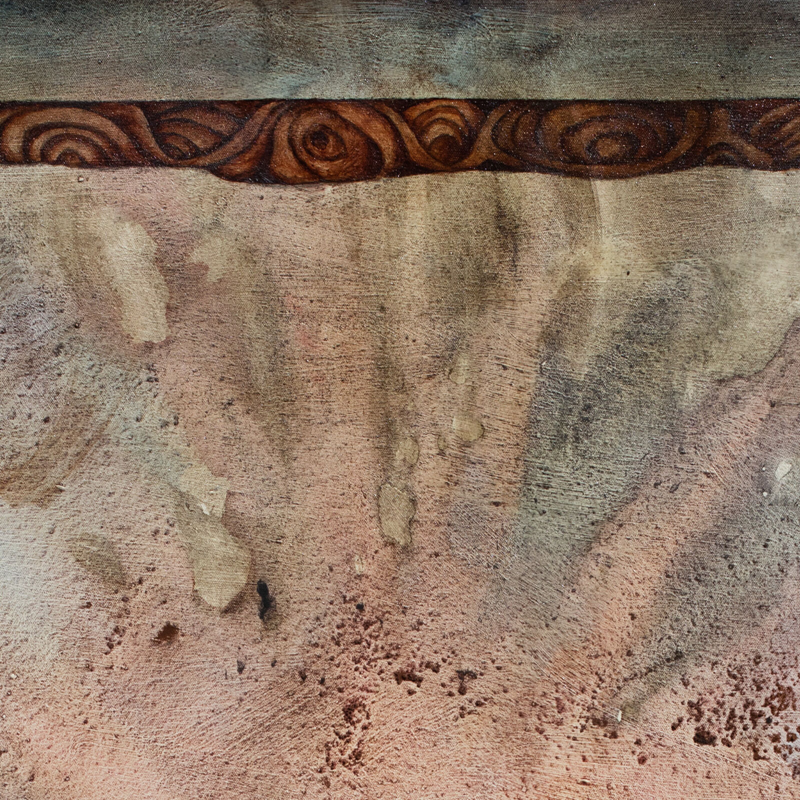 A painting of two people standing in front of a mountain.