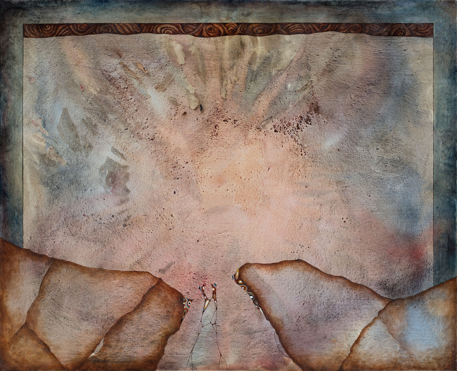 A painting of two people standing in front of a mountain.