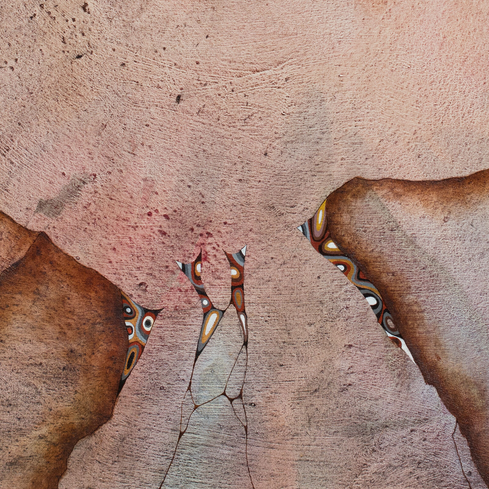 A painting of two people standing in front of a mountain.