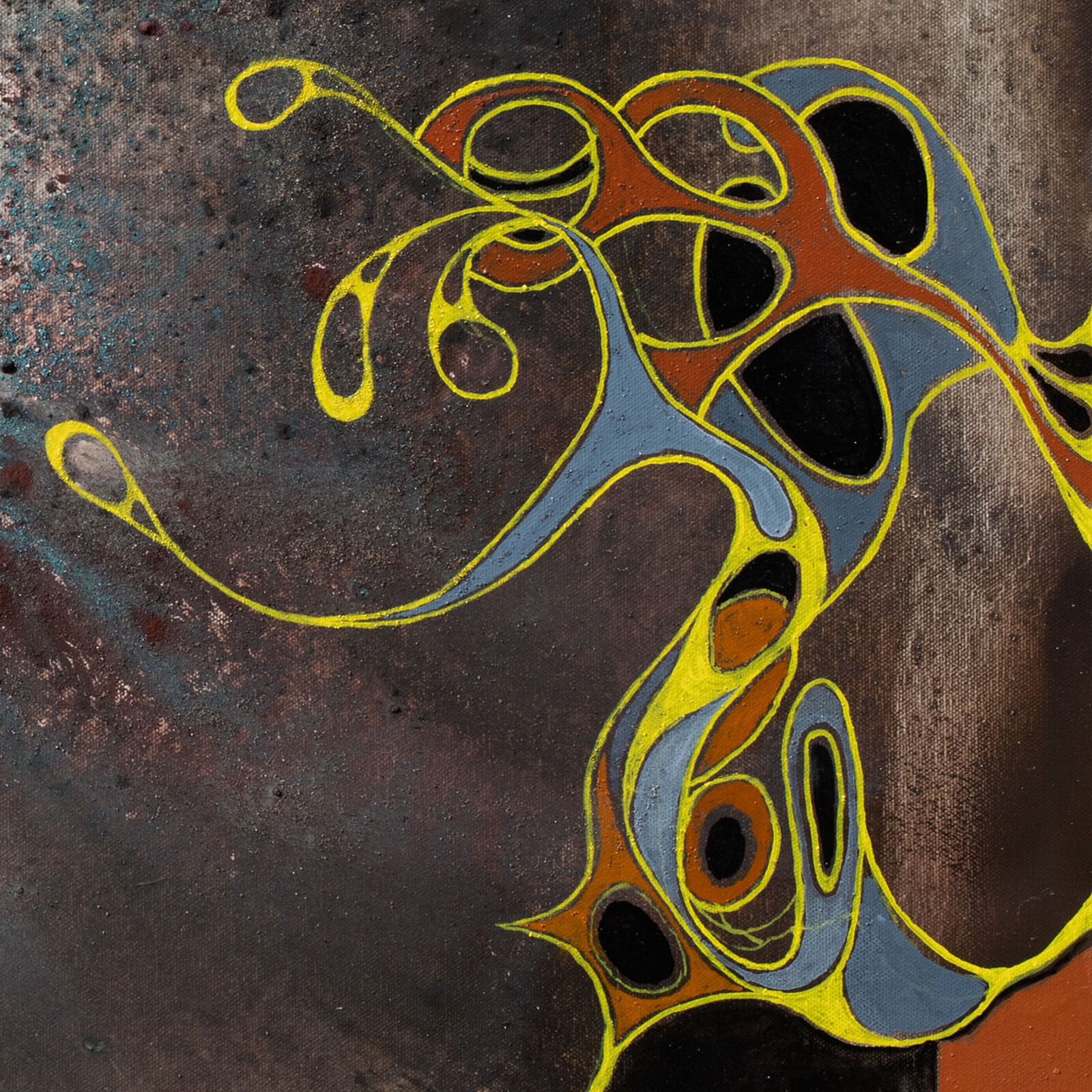 A painting of a tree with a sun in the background.