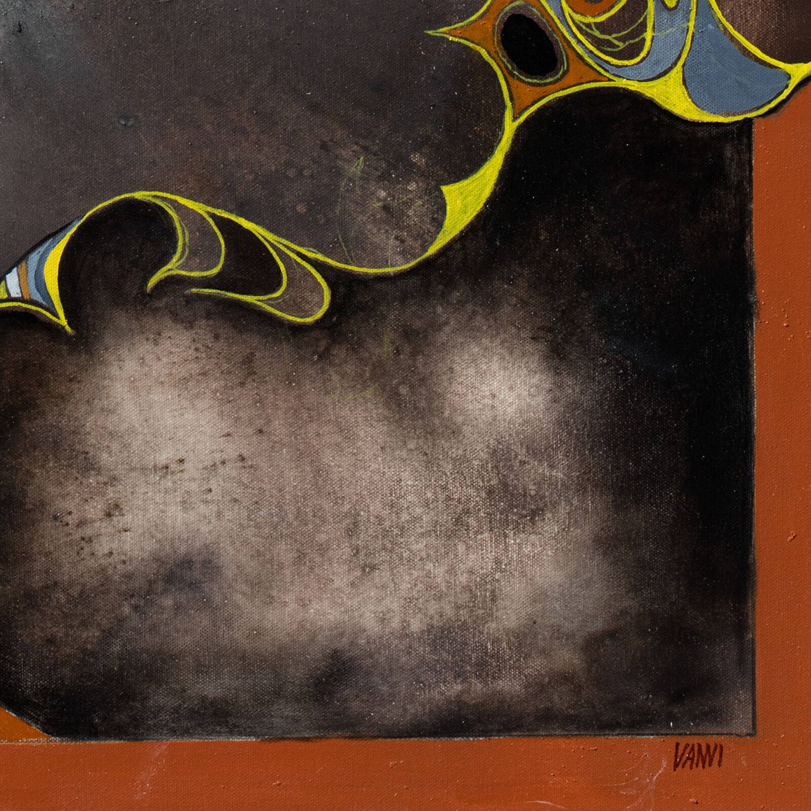 A painting of a tree with a sun in the background.