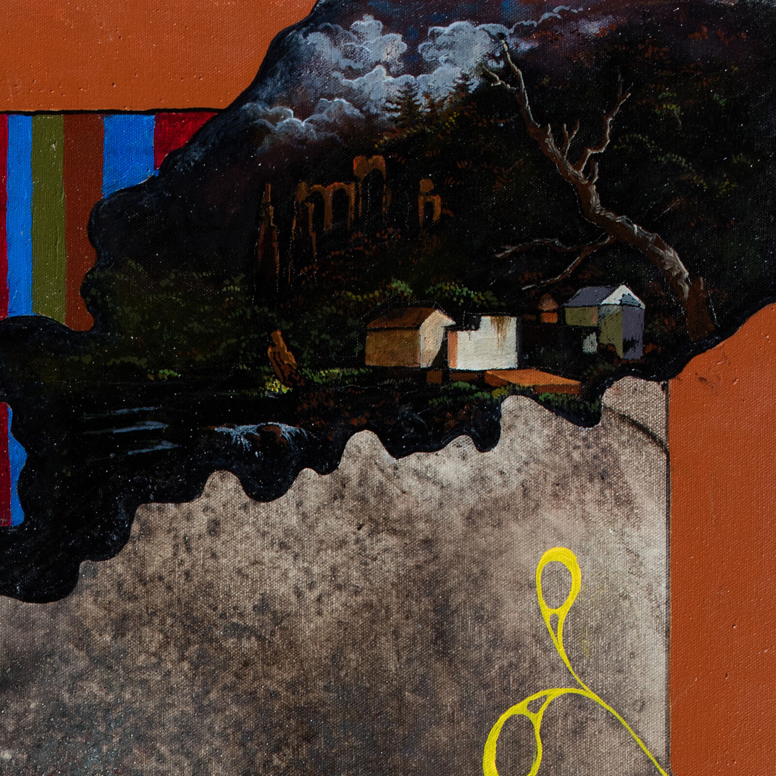 A painting of a tree with a sun in the background.