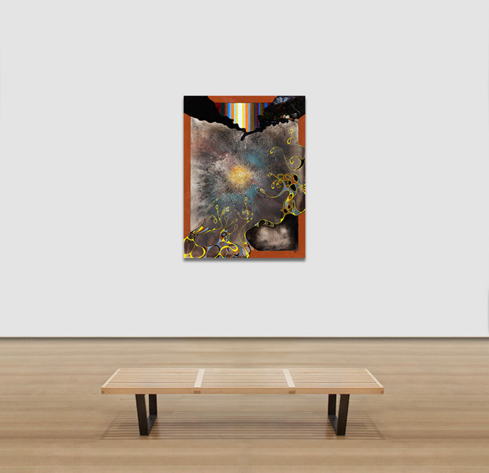 A painting of a tree with a sun in the background.