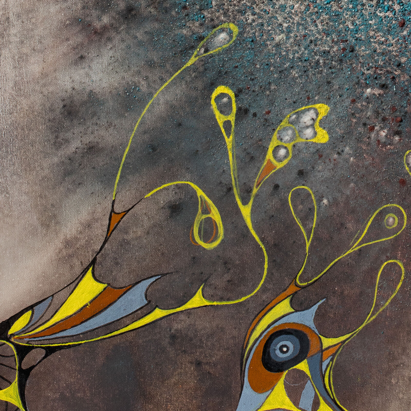 A painting of a tree with a sun in the background.