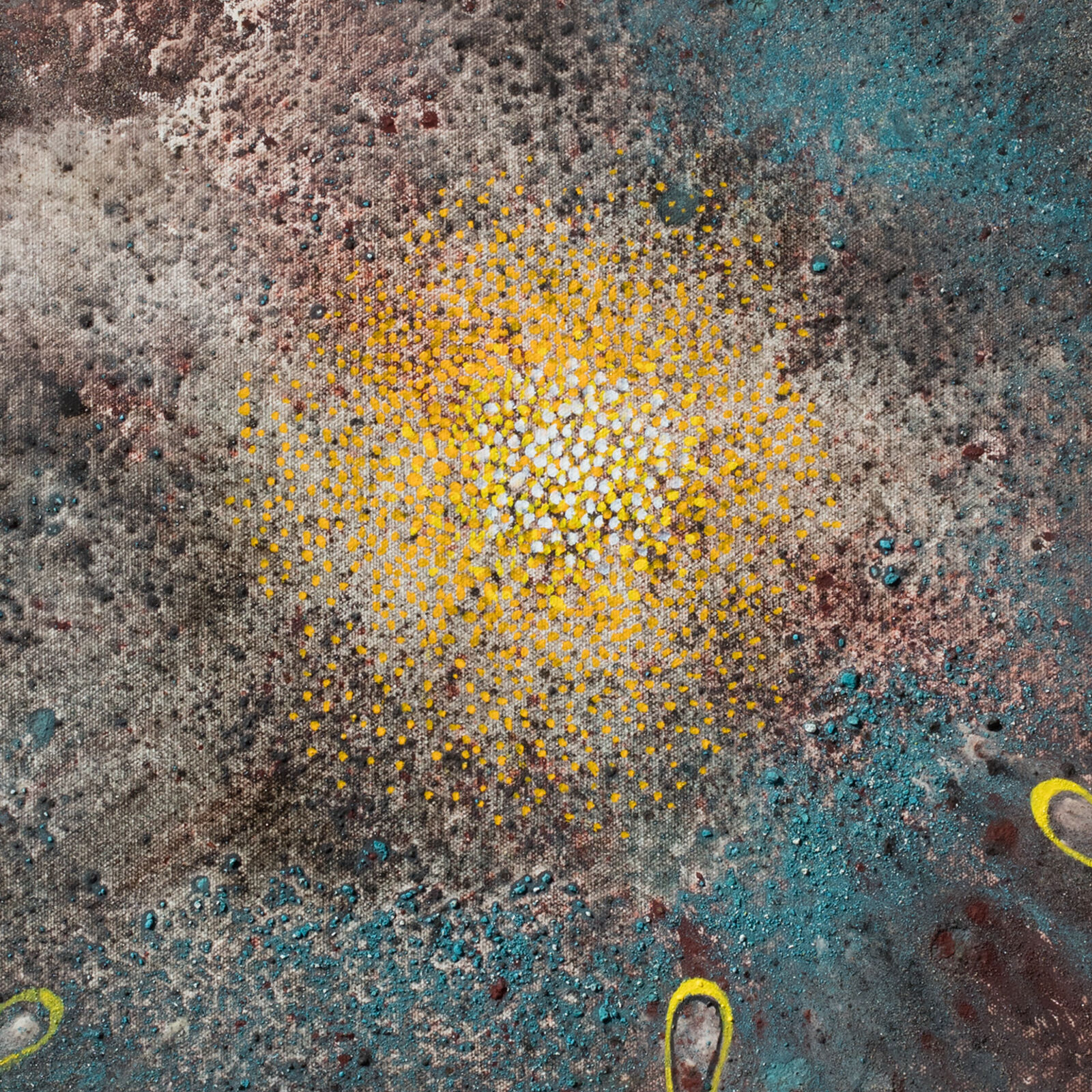 A painting of a tree with a sun in the background.