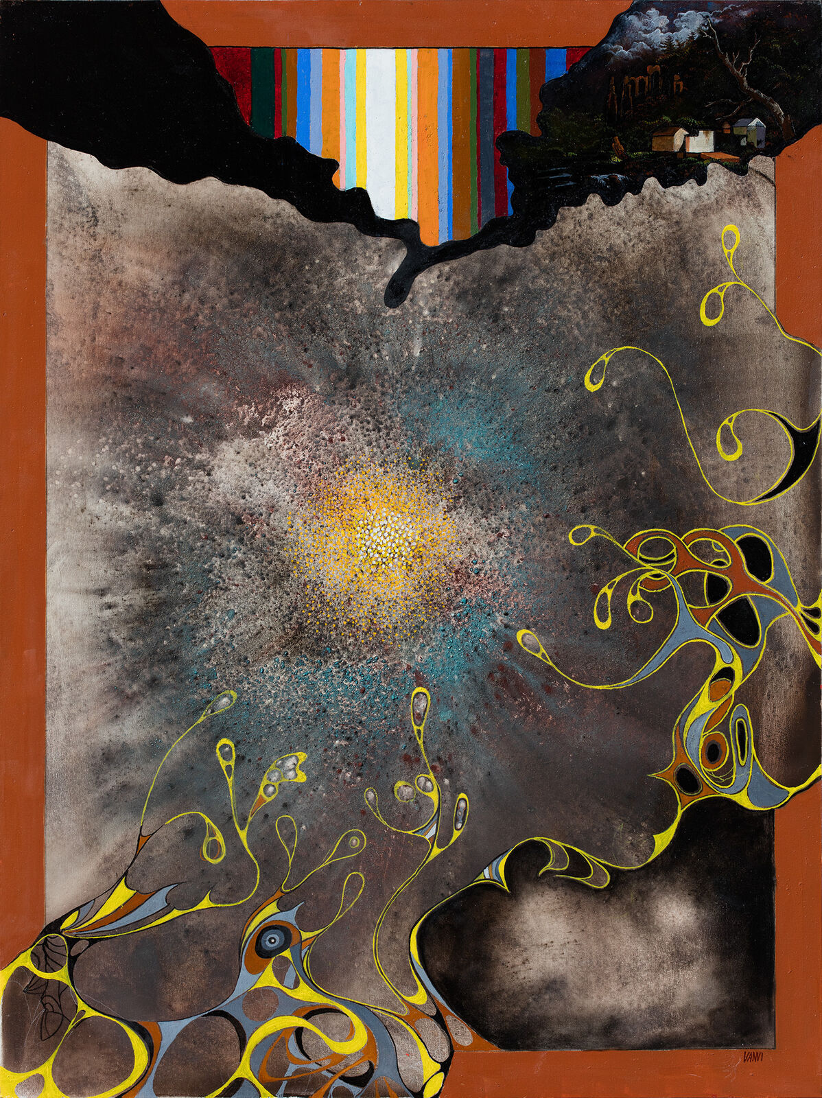 A painting of a tree with a sun in the background.