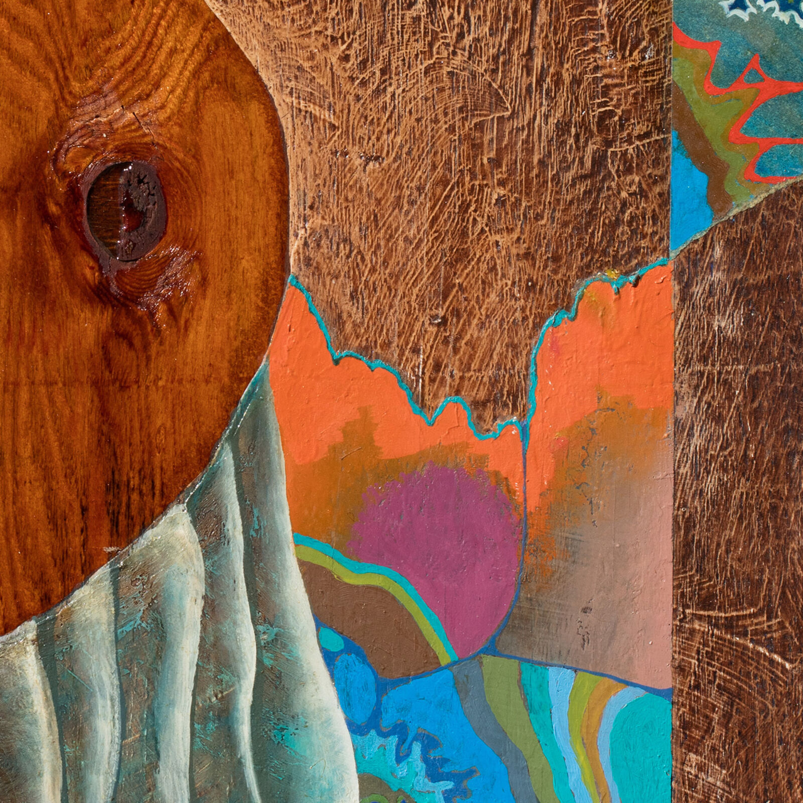 A collage of a horse head on a piece of wood.