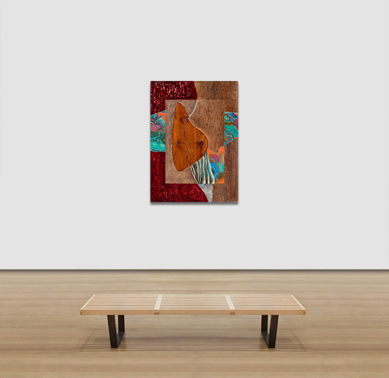 A collage of a horse head on a piece of wood.