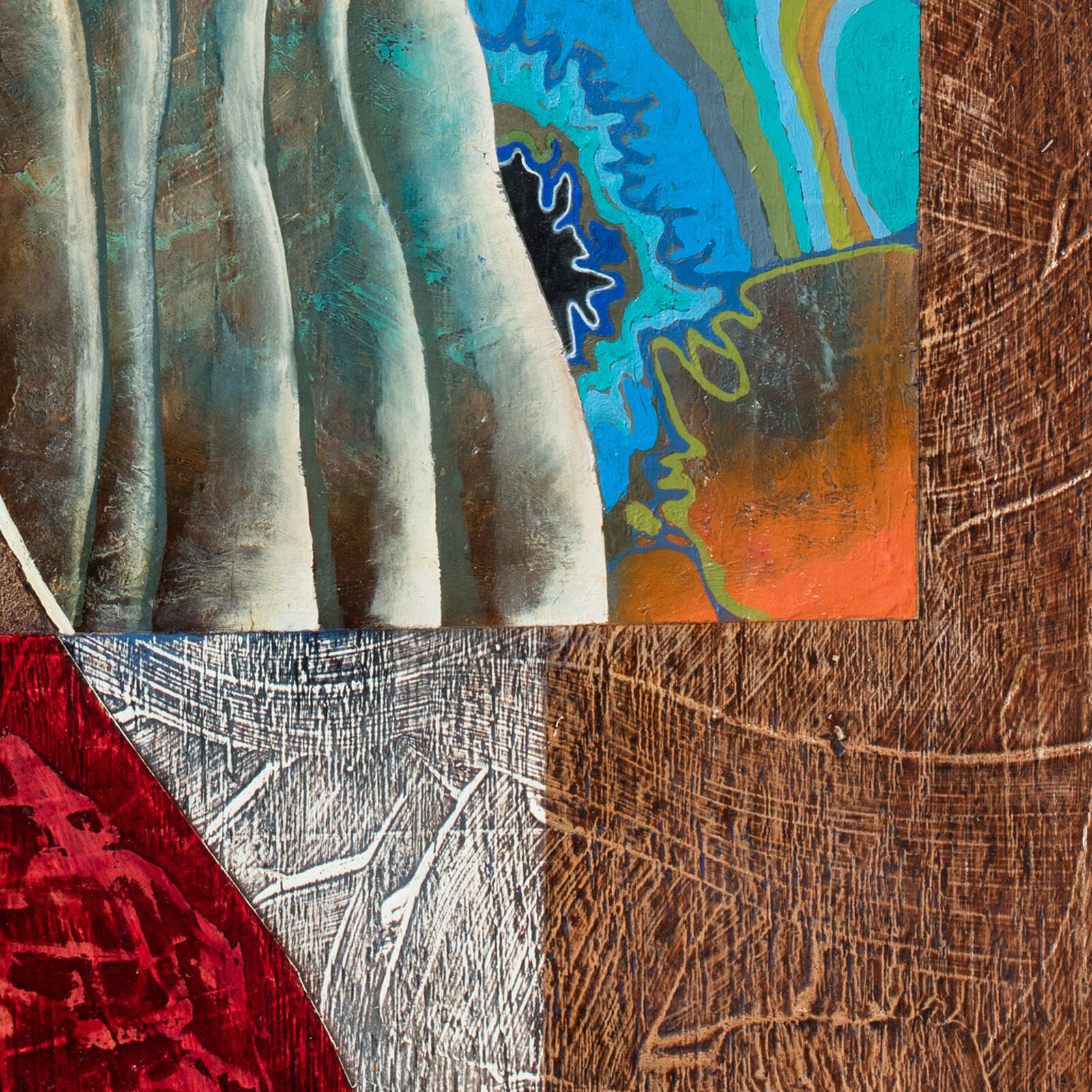 A collage of a horse head on a piece of wood.