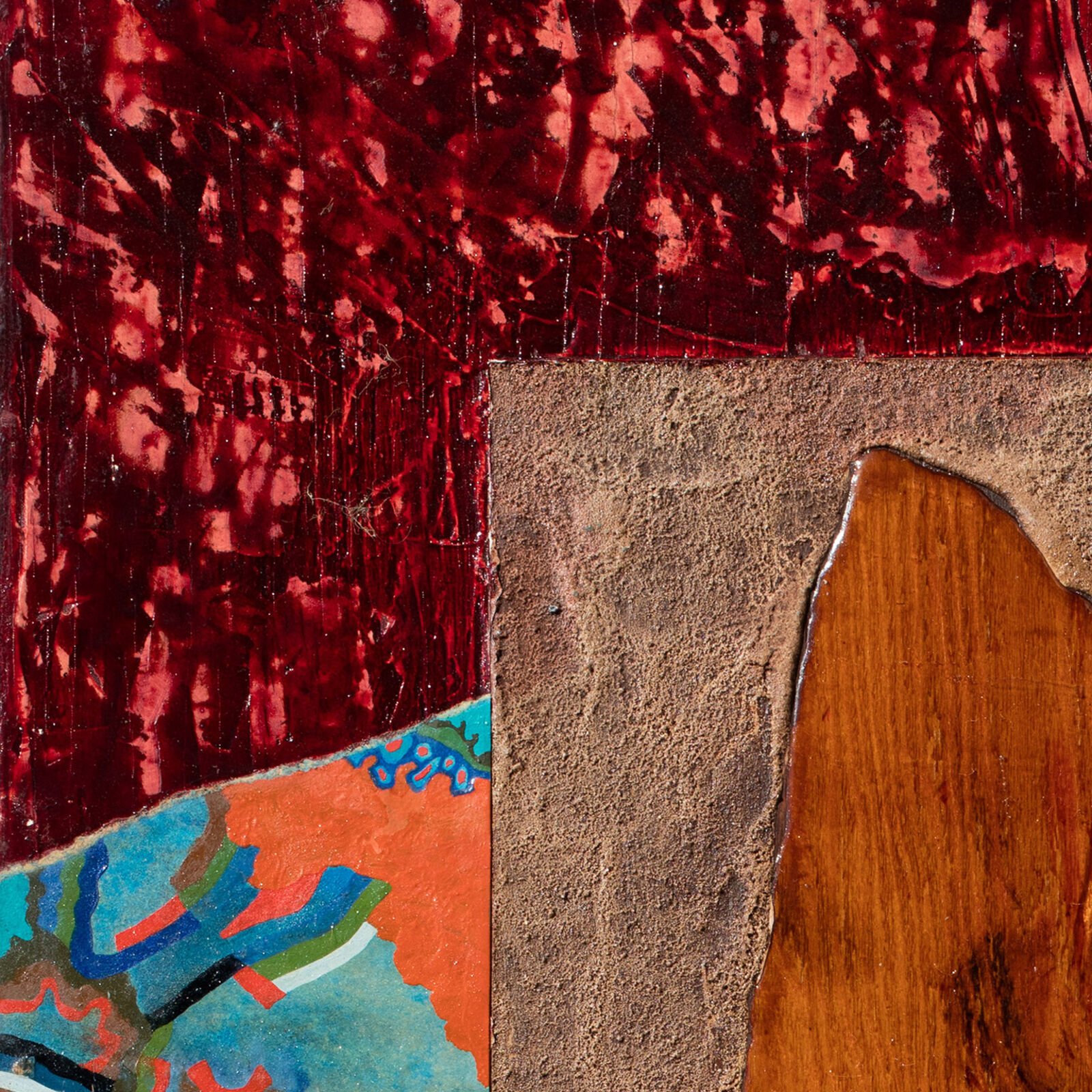 A collage of a horse head on a piece of wood.