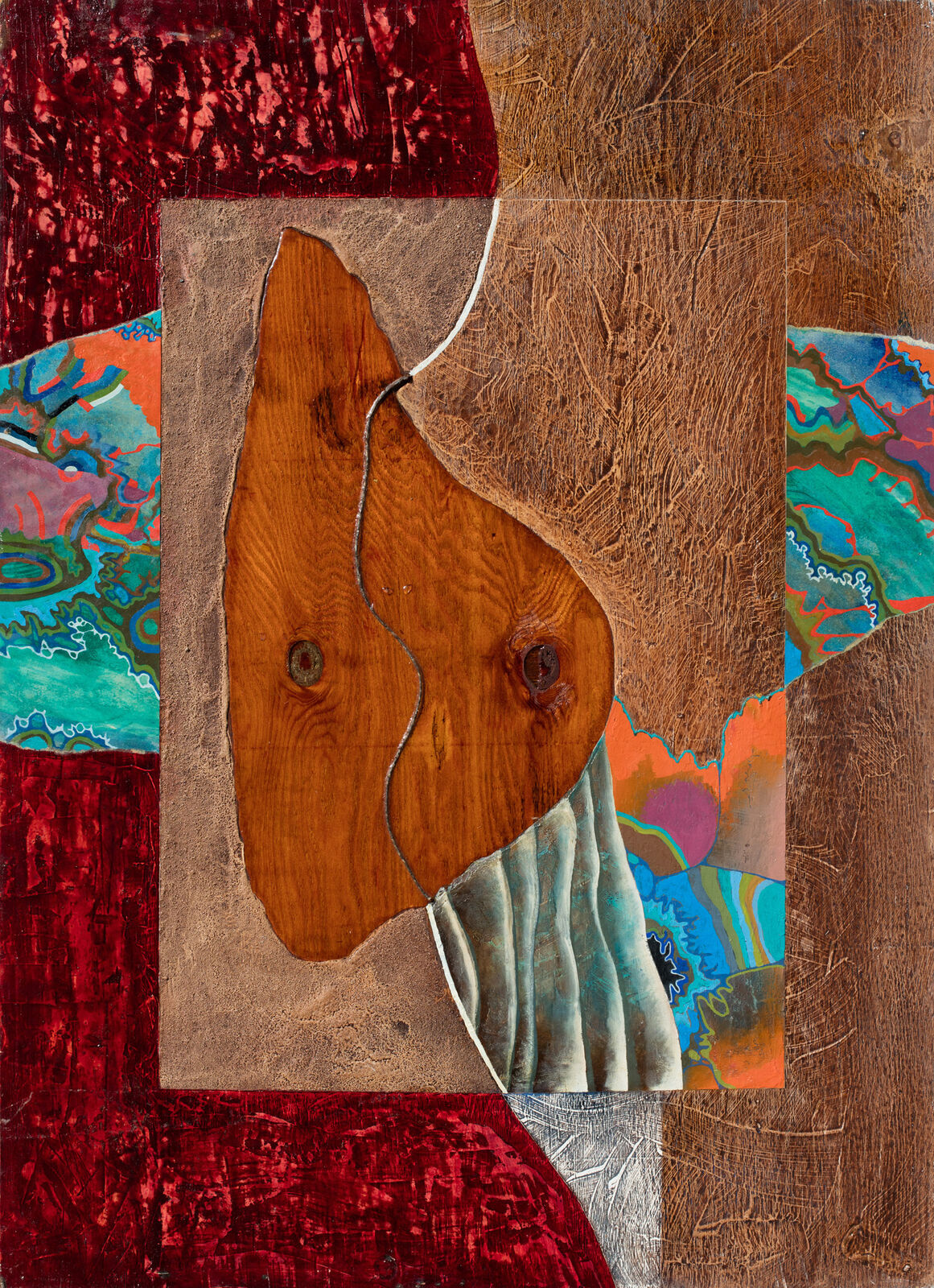 A collage of a horse head on a piece of wood.