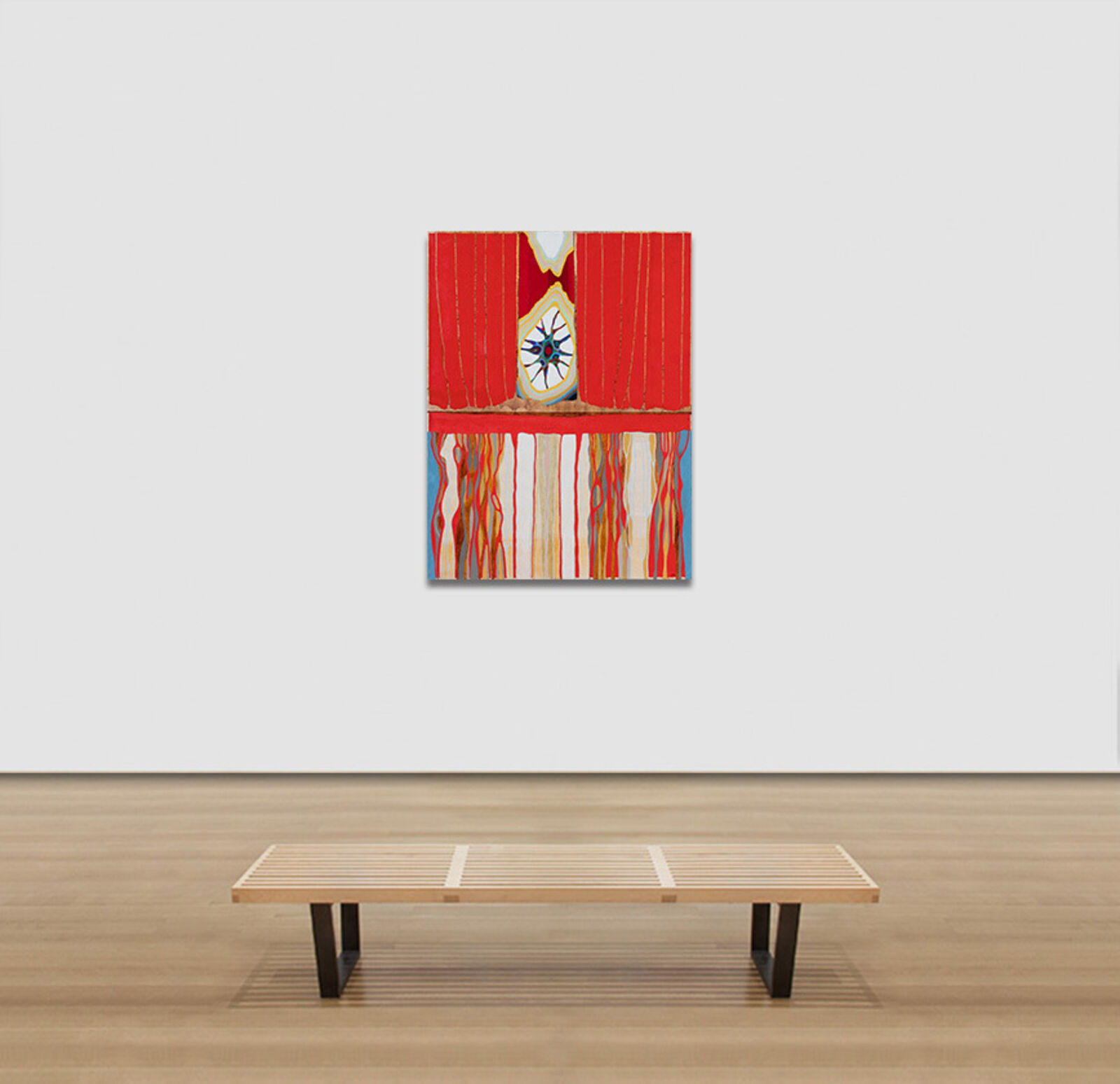 A painting of a window with a sun in the middle of it.