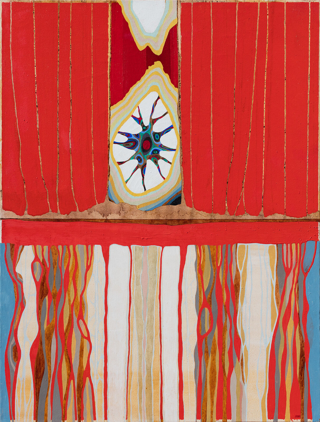 A painting of a window with a sun in the middle of it.