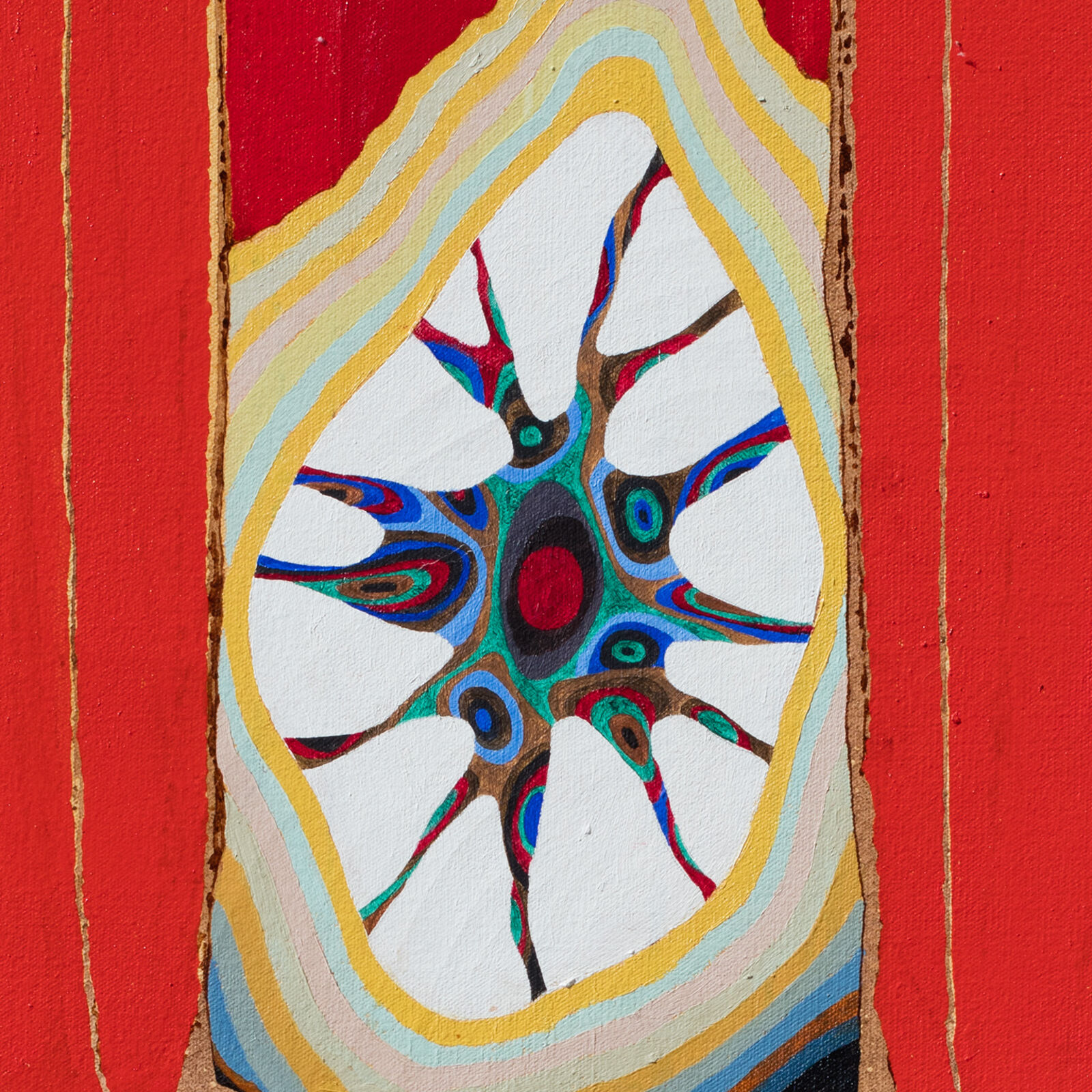 A painting of a window with a sun in the middle of it.