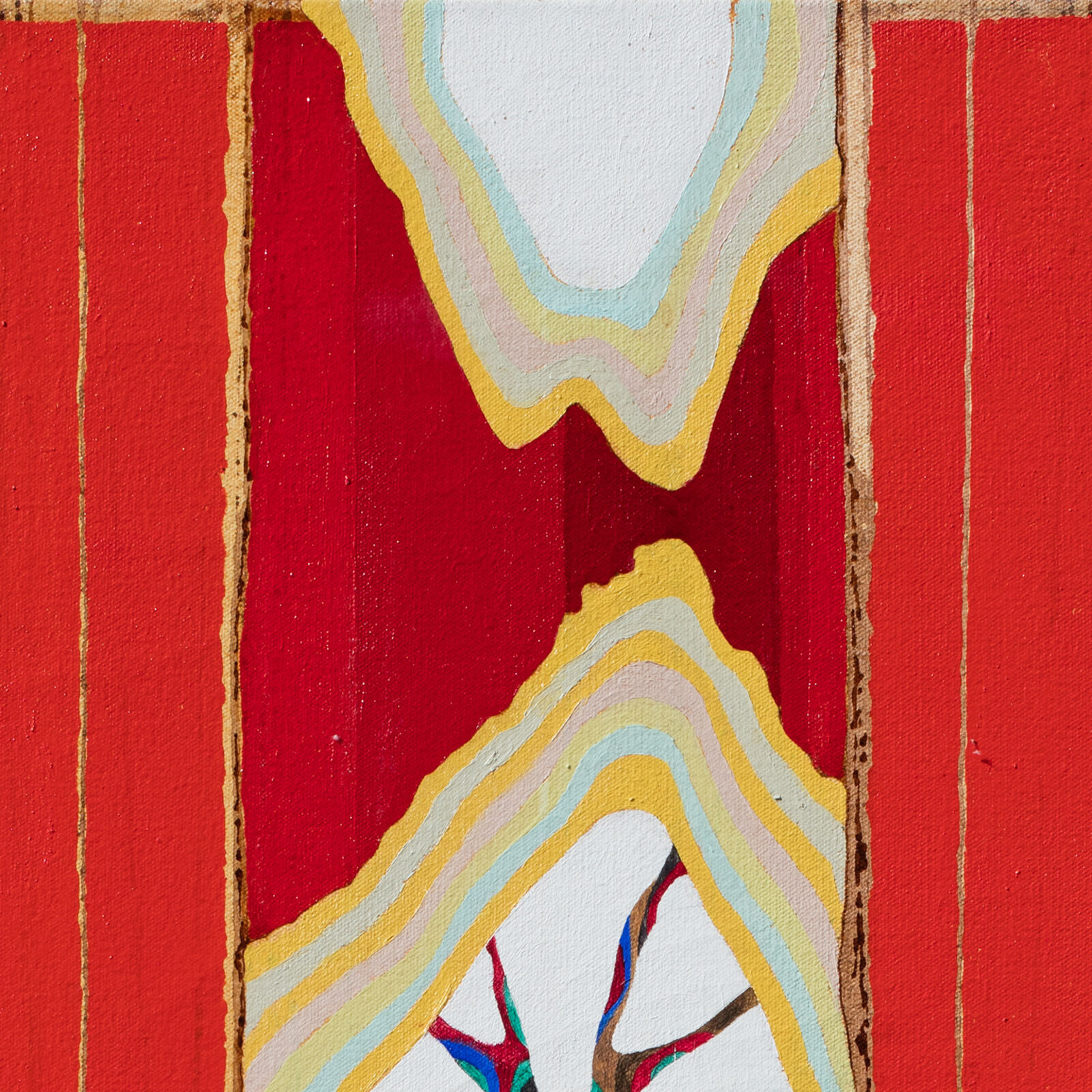 A painting of a window with a sun in the middle of it.