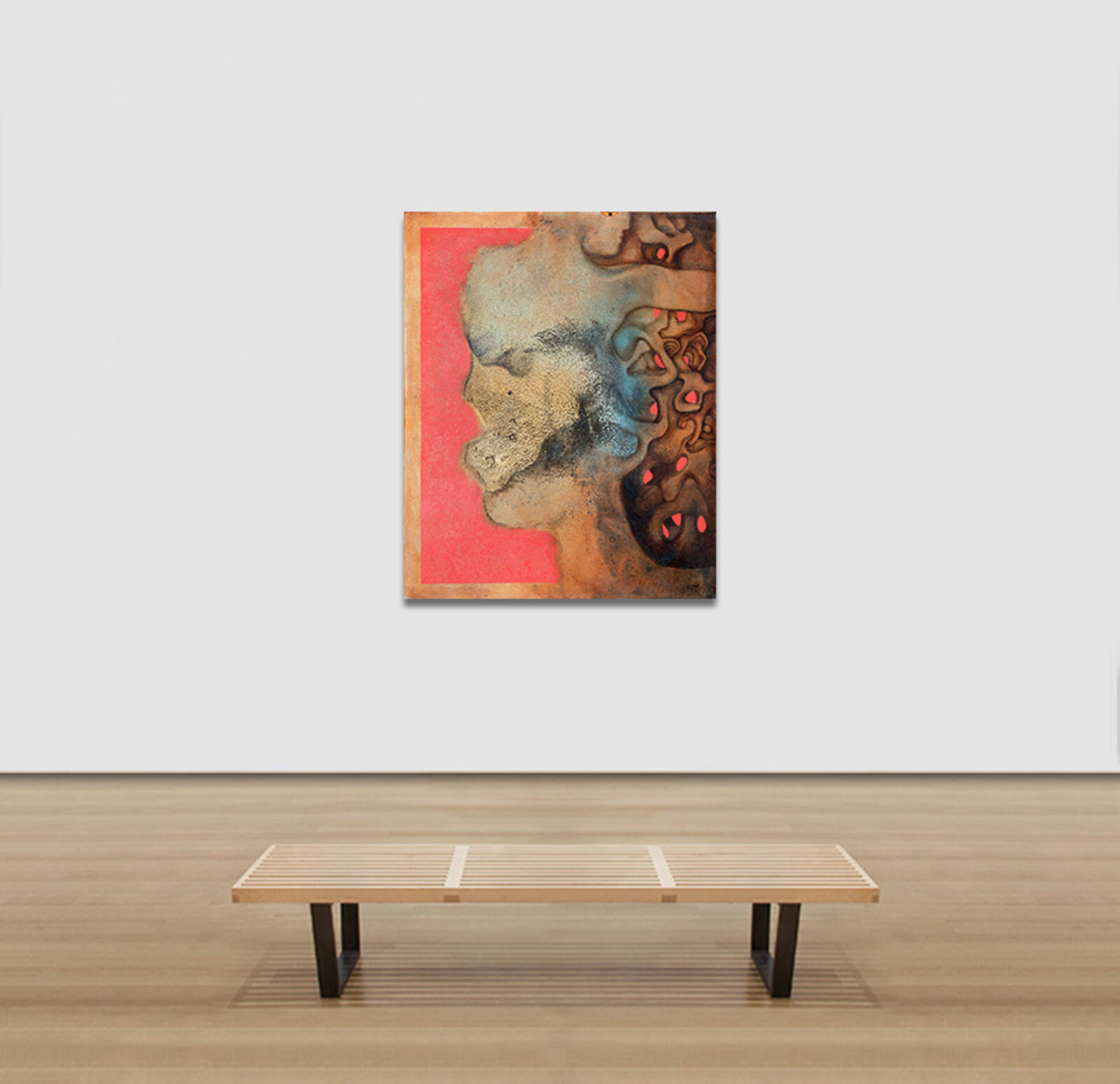 A painting of a woman's face on a pink background.