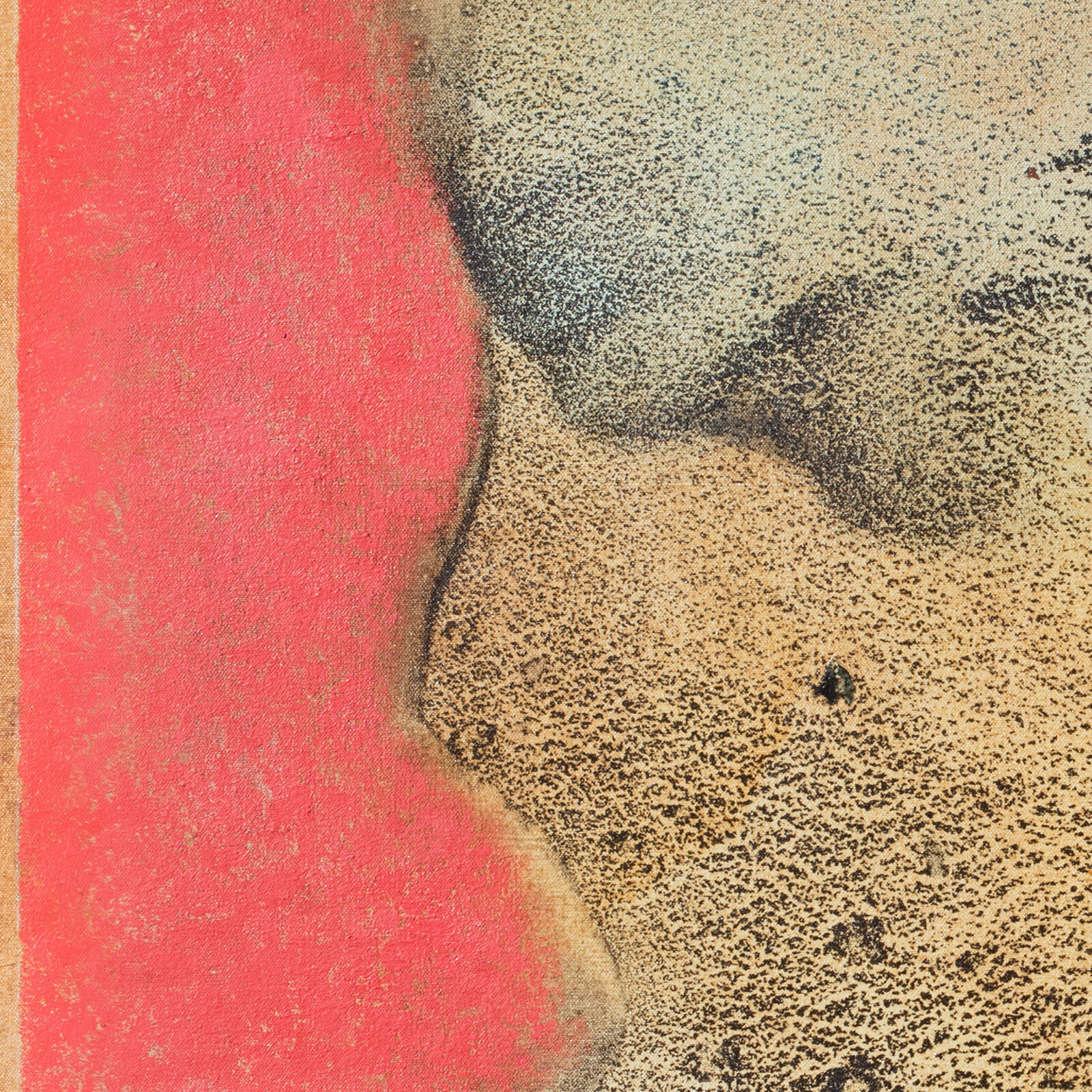 A painting of a woman's face on a pink background.