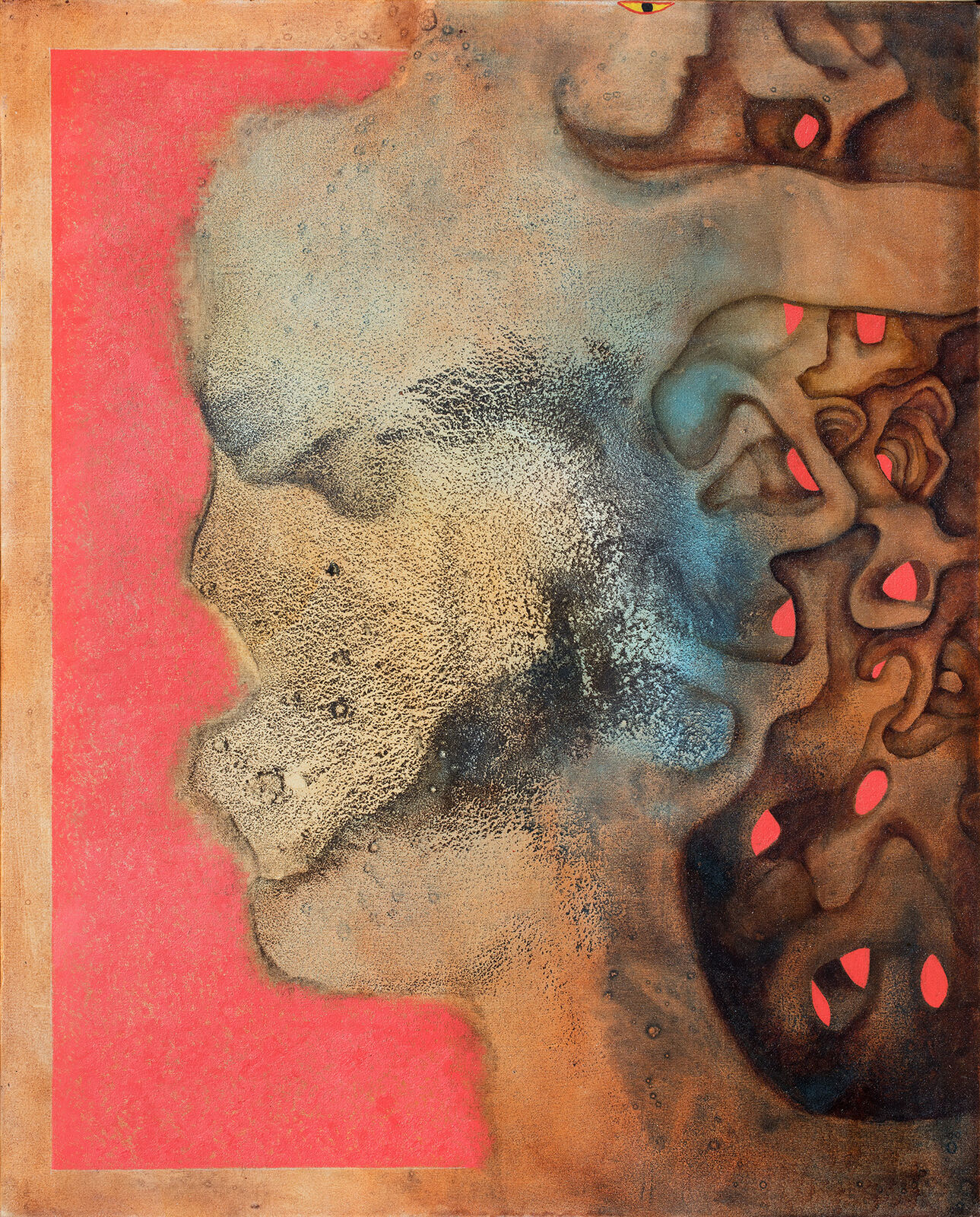 A painting of a woman's face on a pink background.