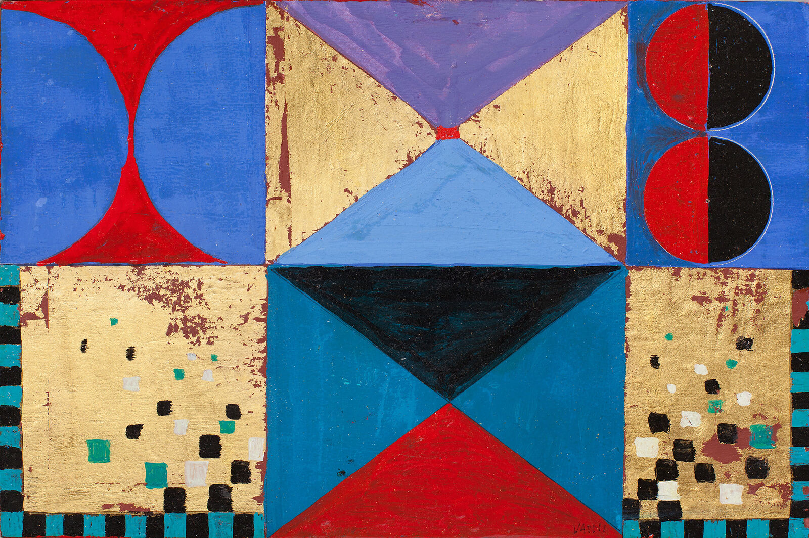 A painting of a blue, red, and black geometric design.