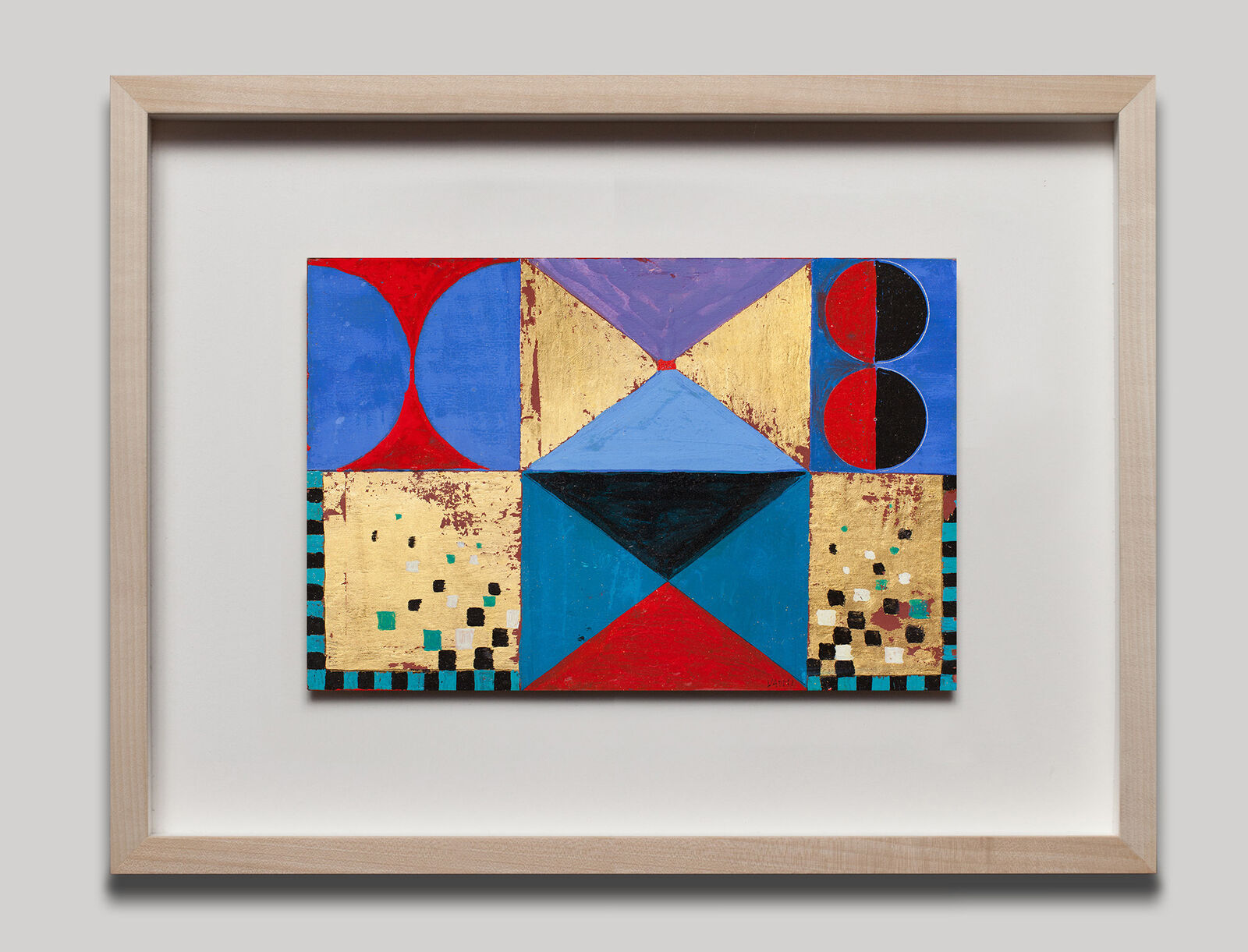 A painting of a blue, red, and black geometric design.