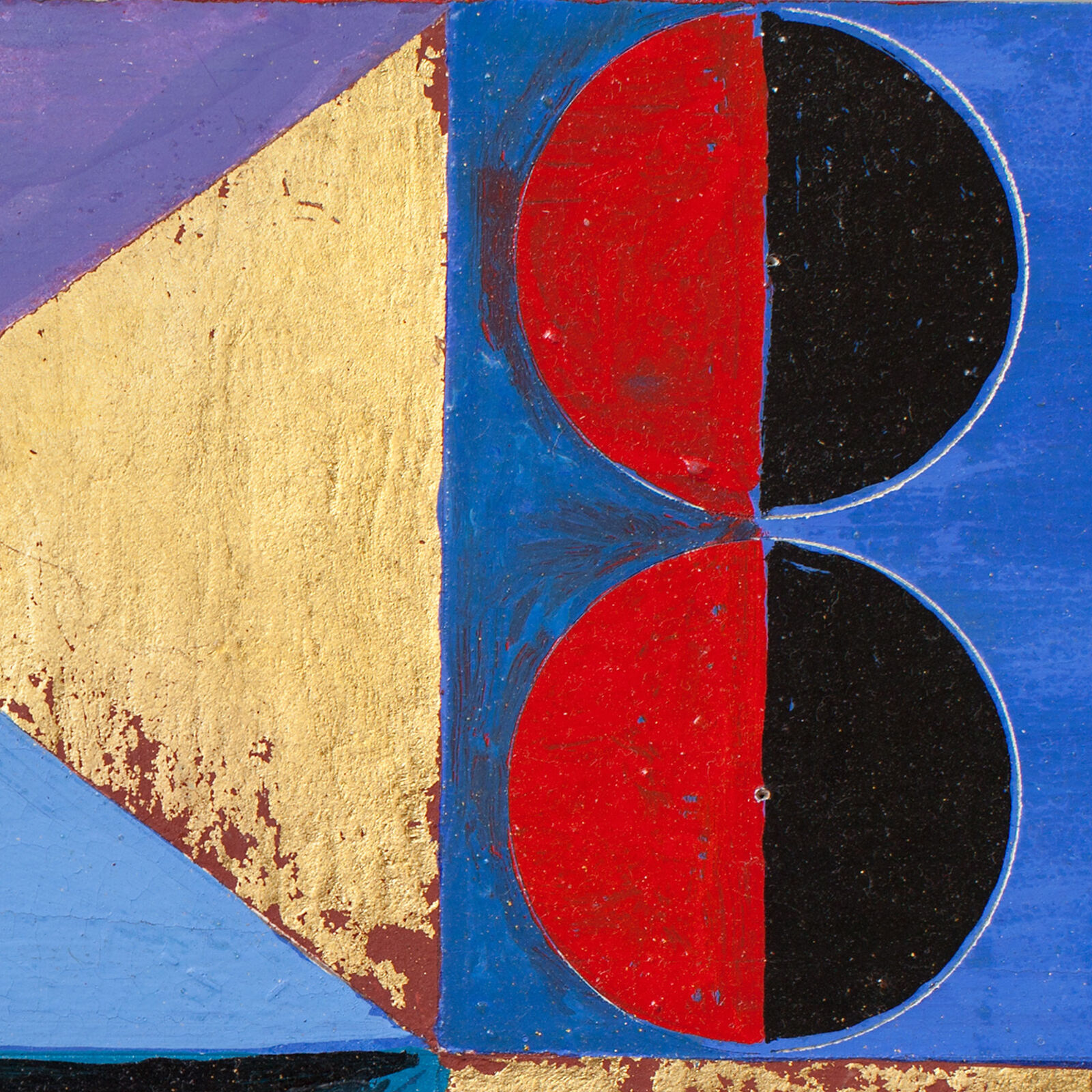 A painting of a blue, red, and black geometric design.