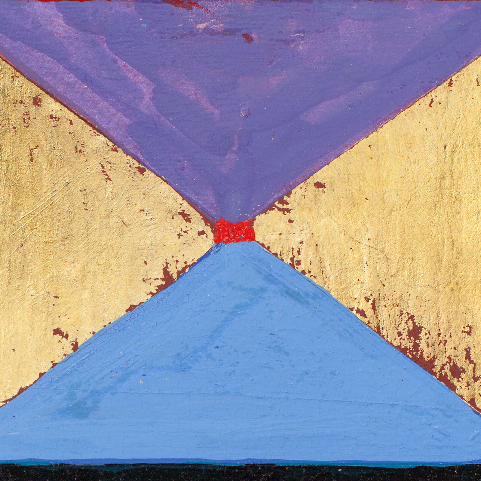 A painting of a blue, red, and black geometric design.