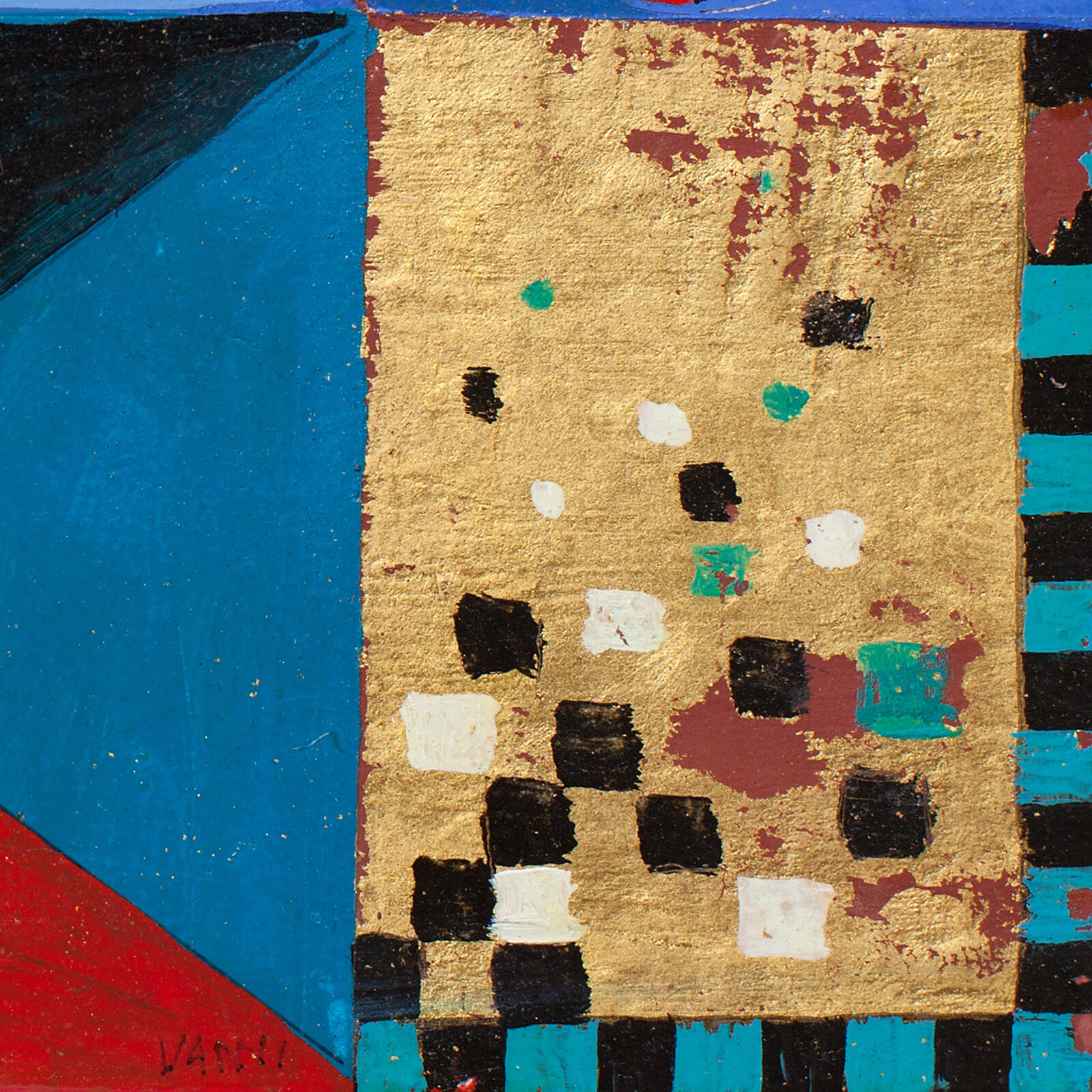 A painting of a blue, red, and black geometric design.