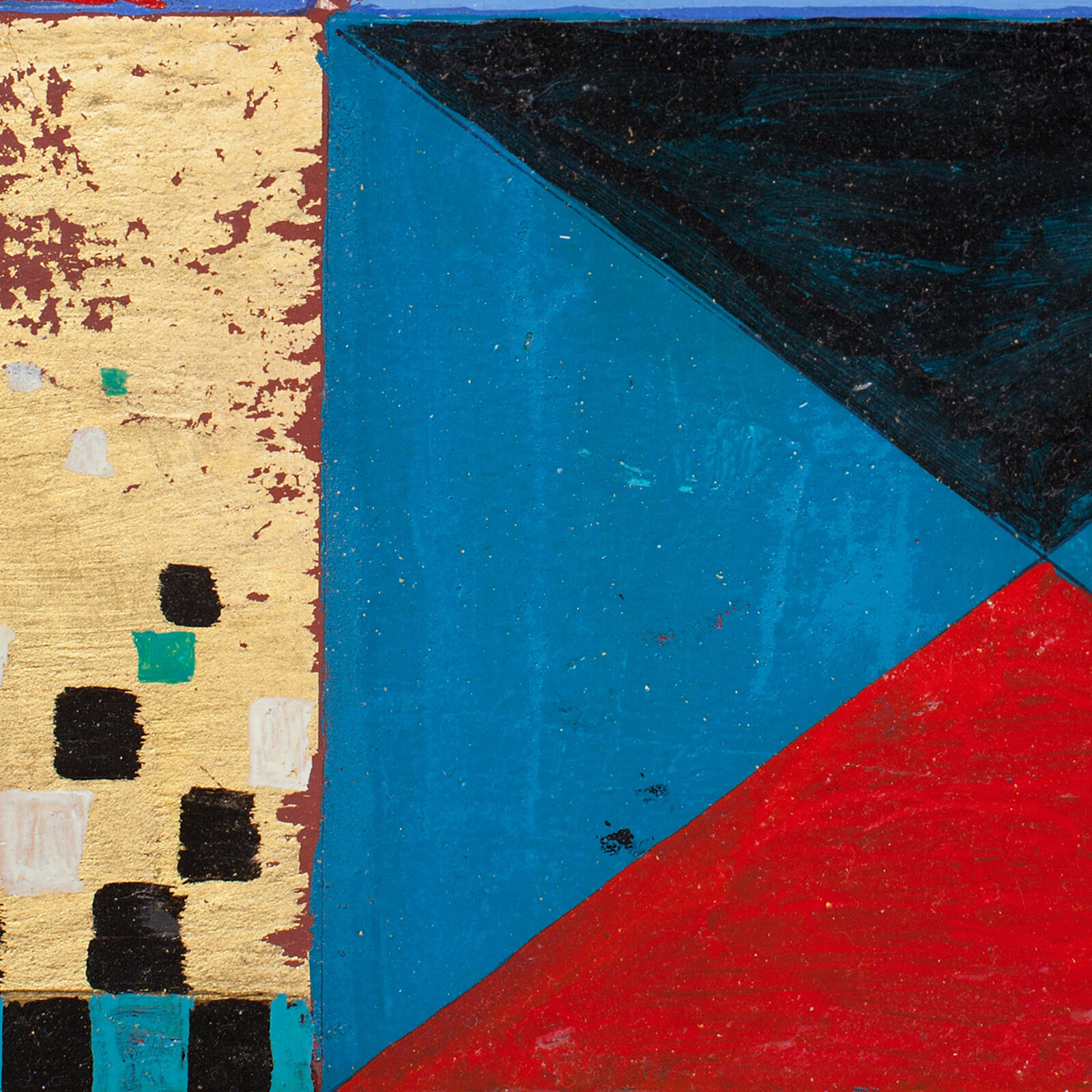 A painting of a blue, red, and black geometric design.