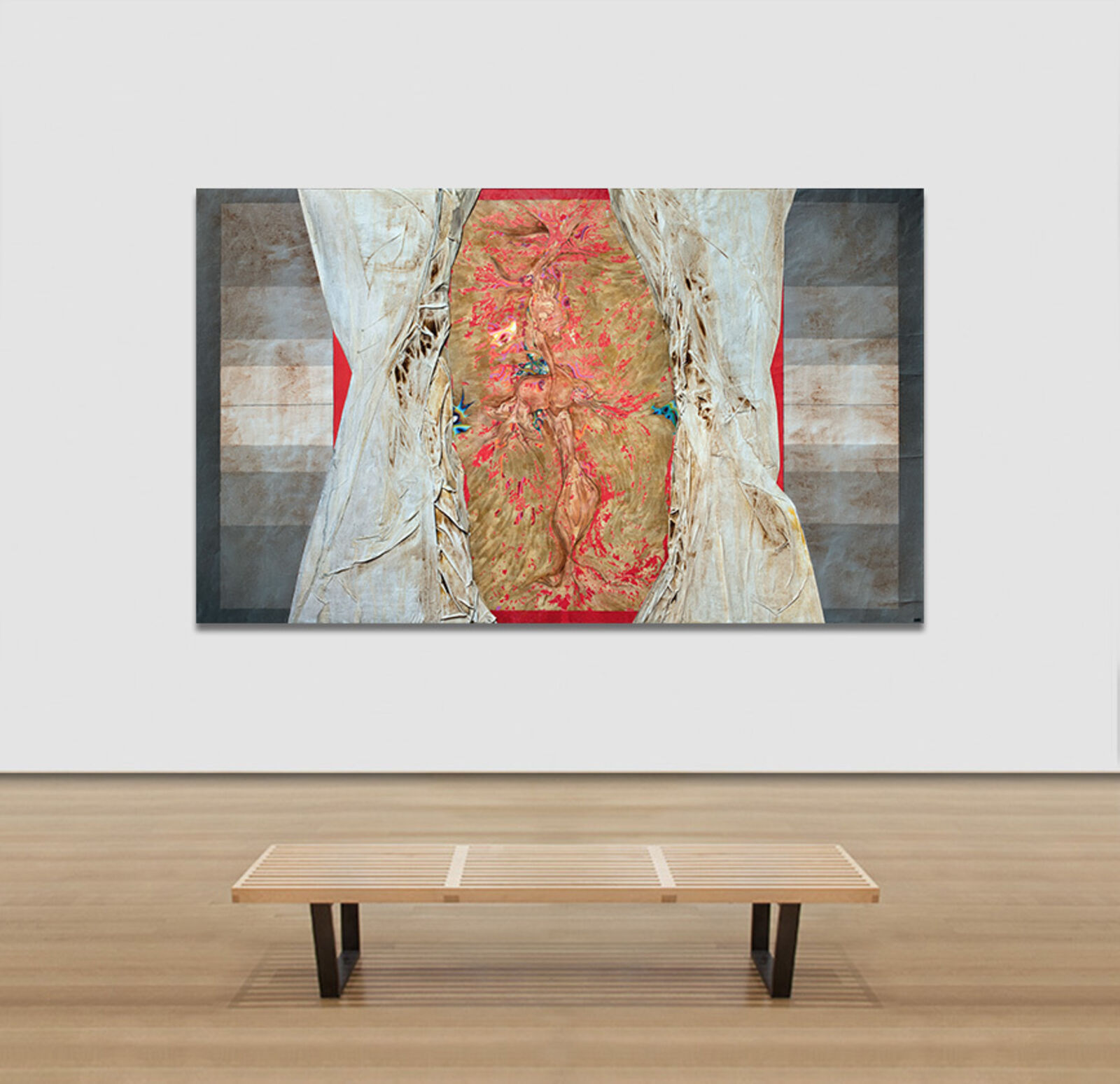 A painting of a woman standing in front of a curtain.