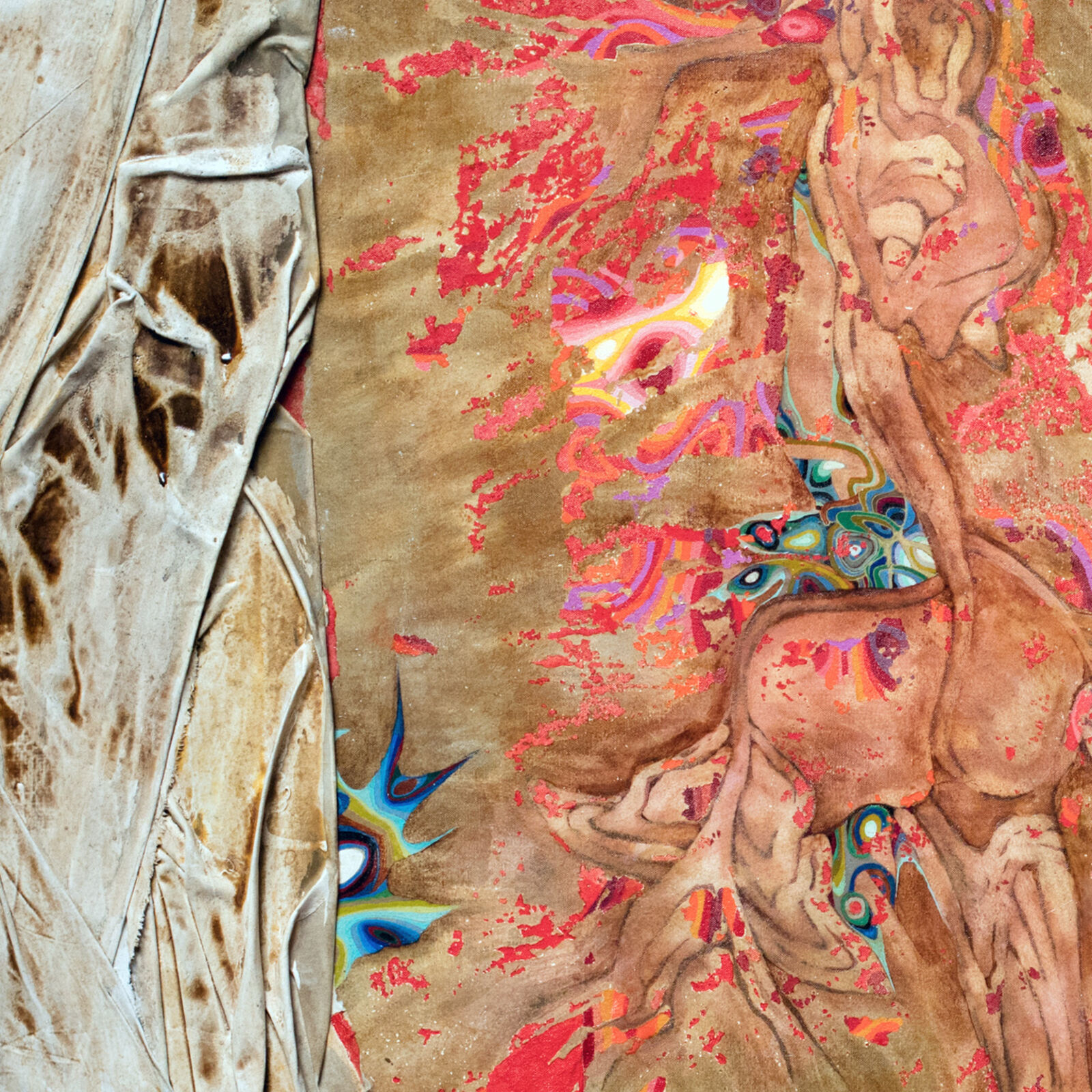 A painting of a woman standing in front of a curtain.