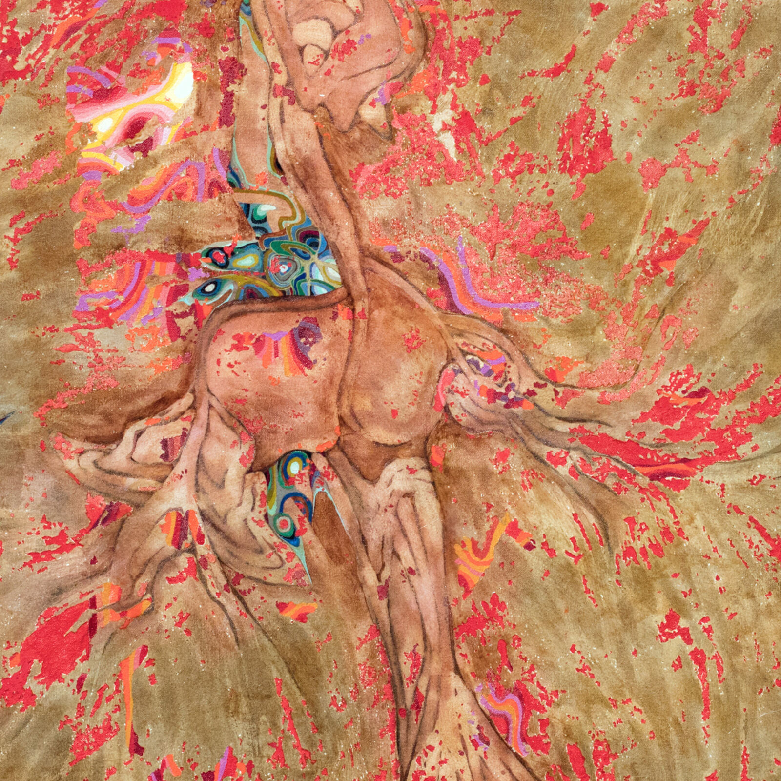 A painting of a woman standing in front of a curtain.