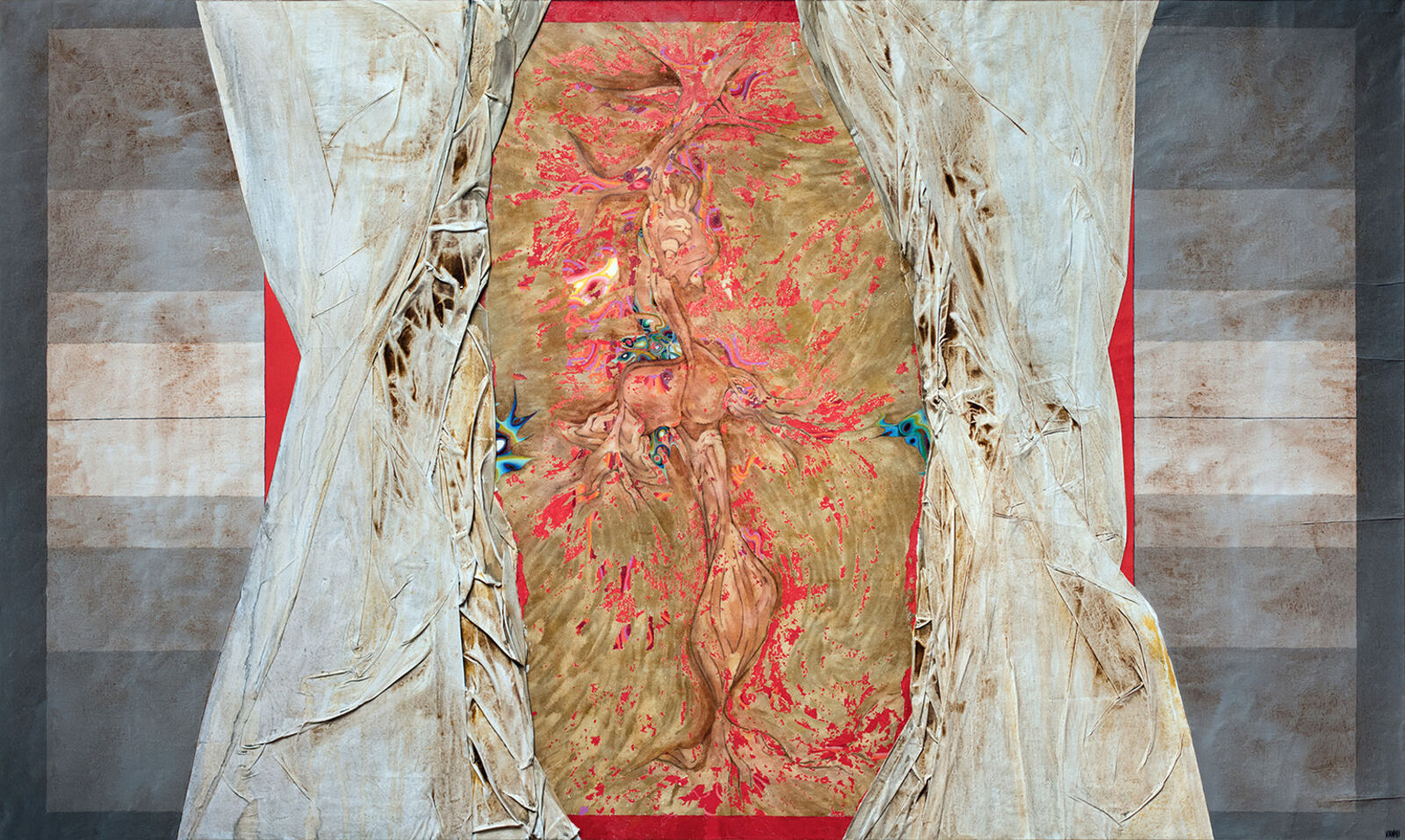 A painting of a woman standing in front of a curtain.