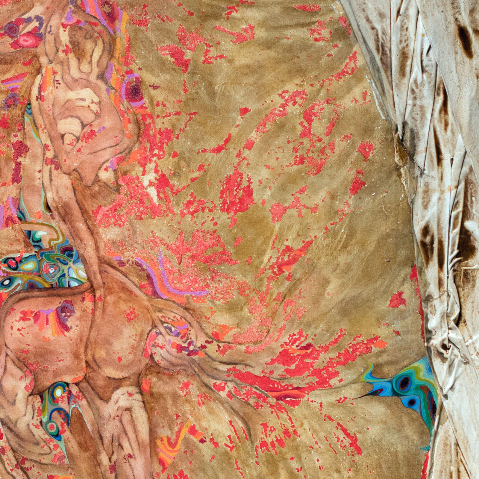 A painting of a woman standing in front of a curtain.