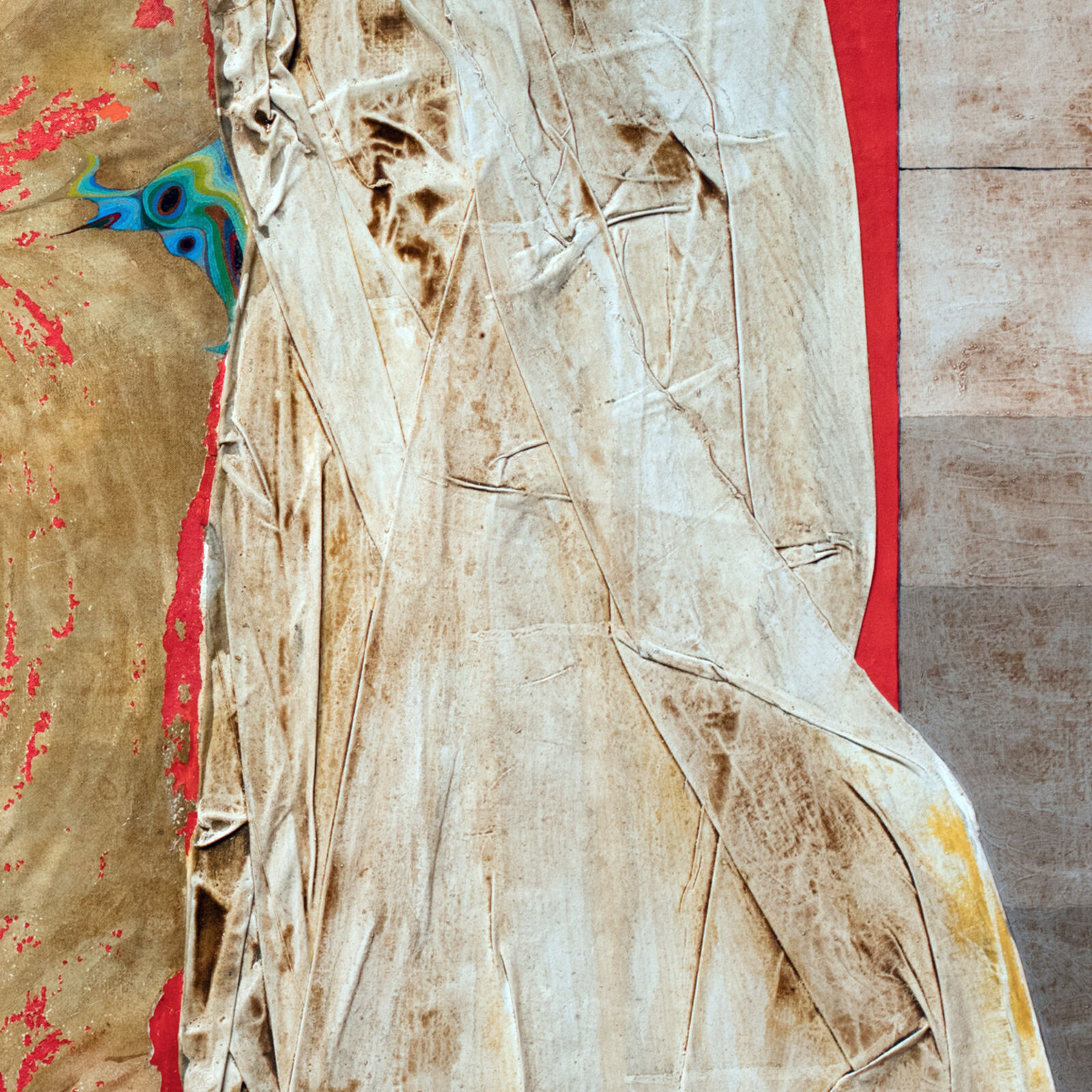 A painting of a woman standing in front of a curtain.