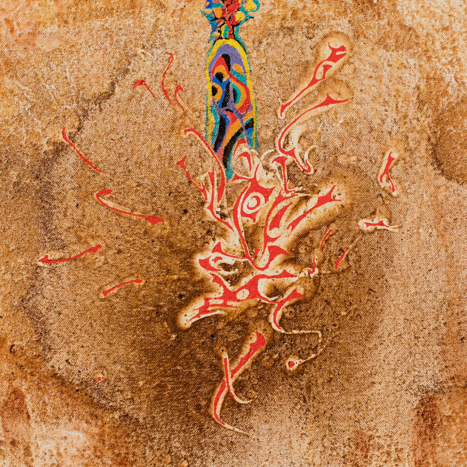 A painting of a tree in the middle of a desert.