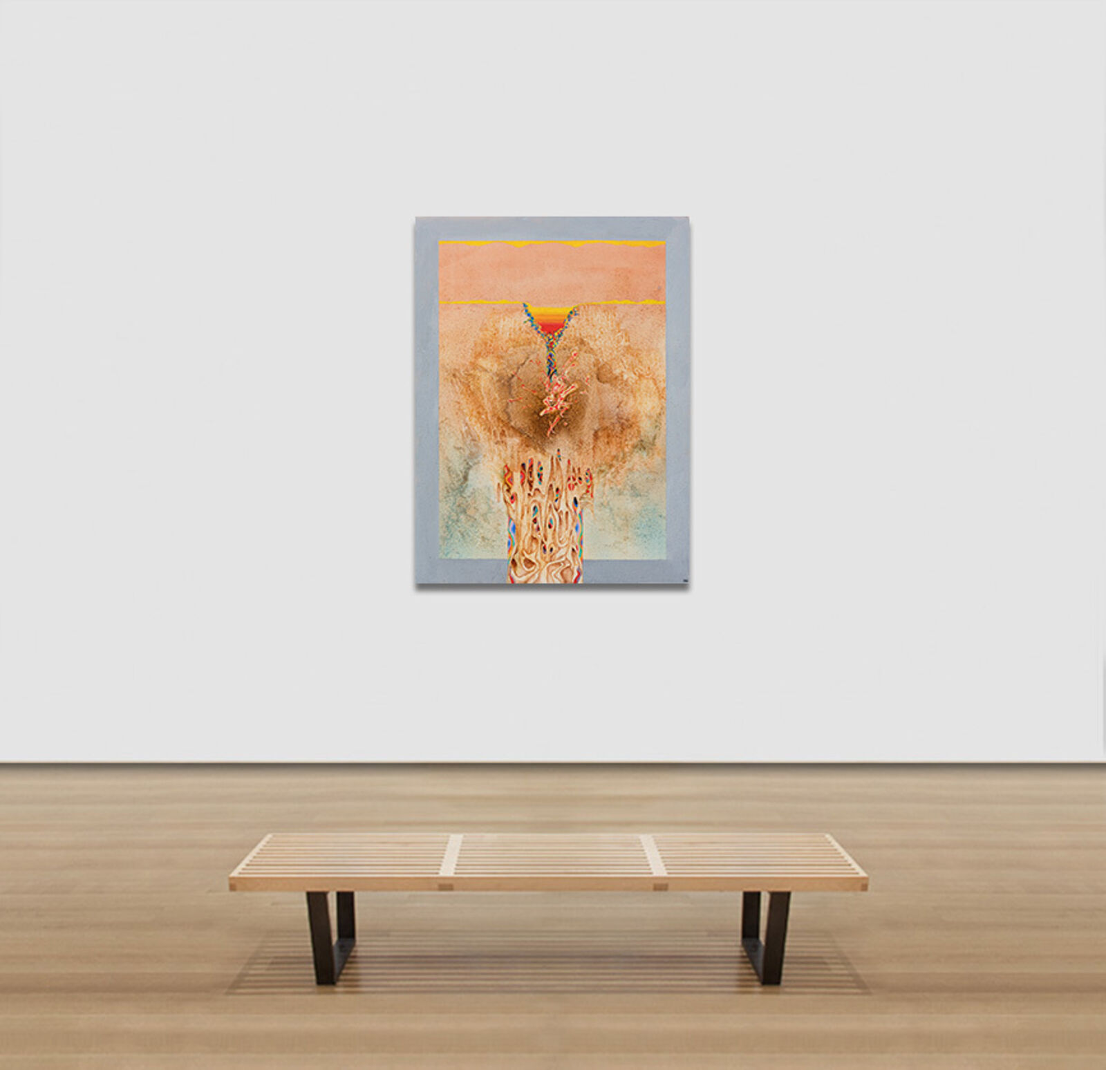 A painting of a tree in the middle of a desert.