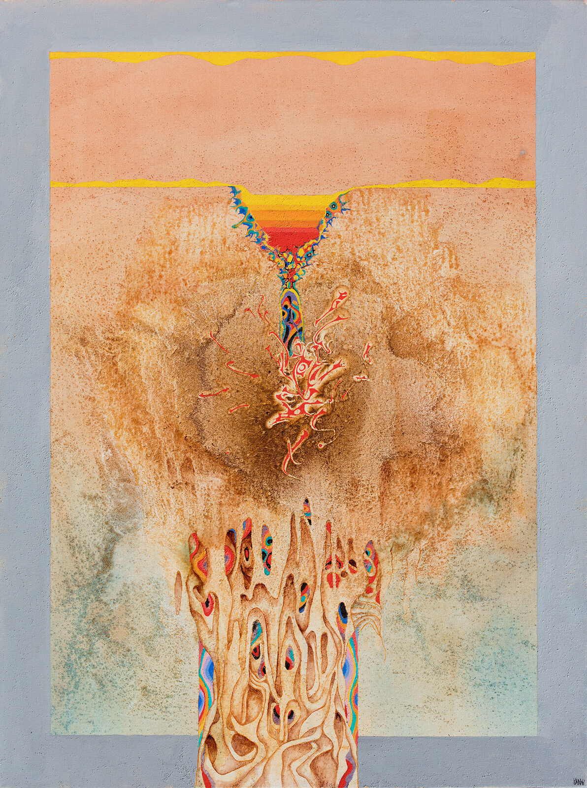 A painting of a tree in the middle of a desert.