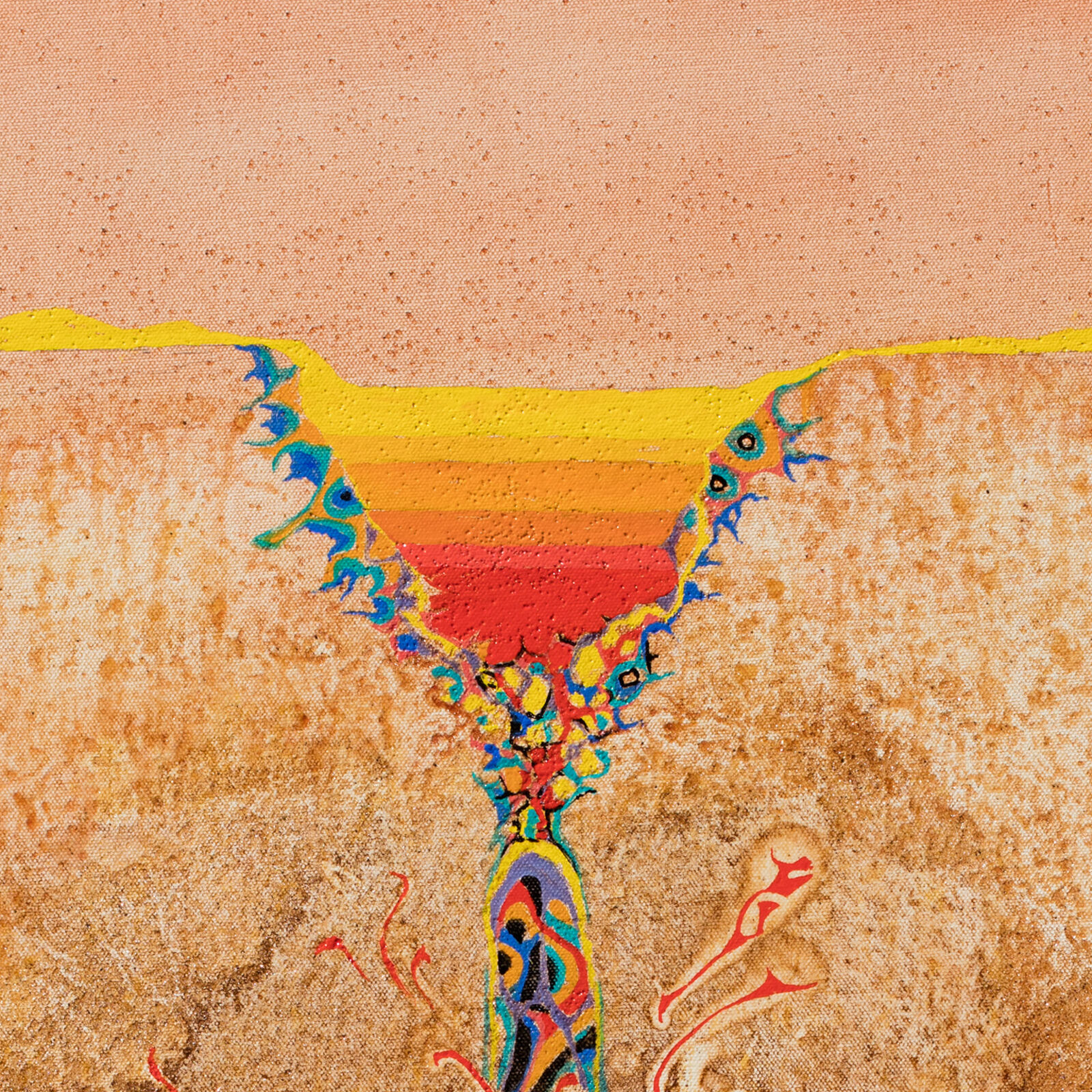 A painting of a tree in the middle of a desert.