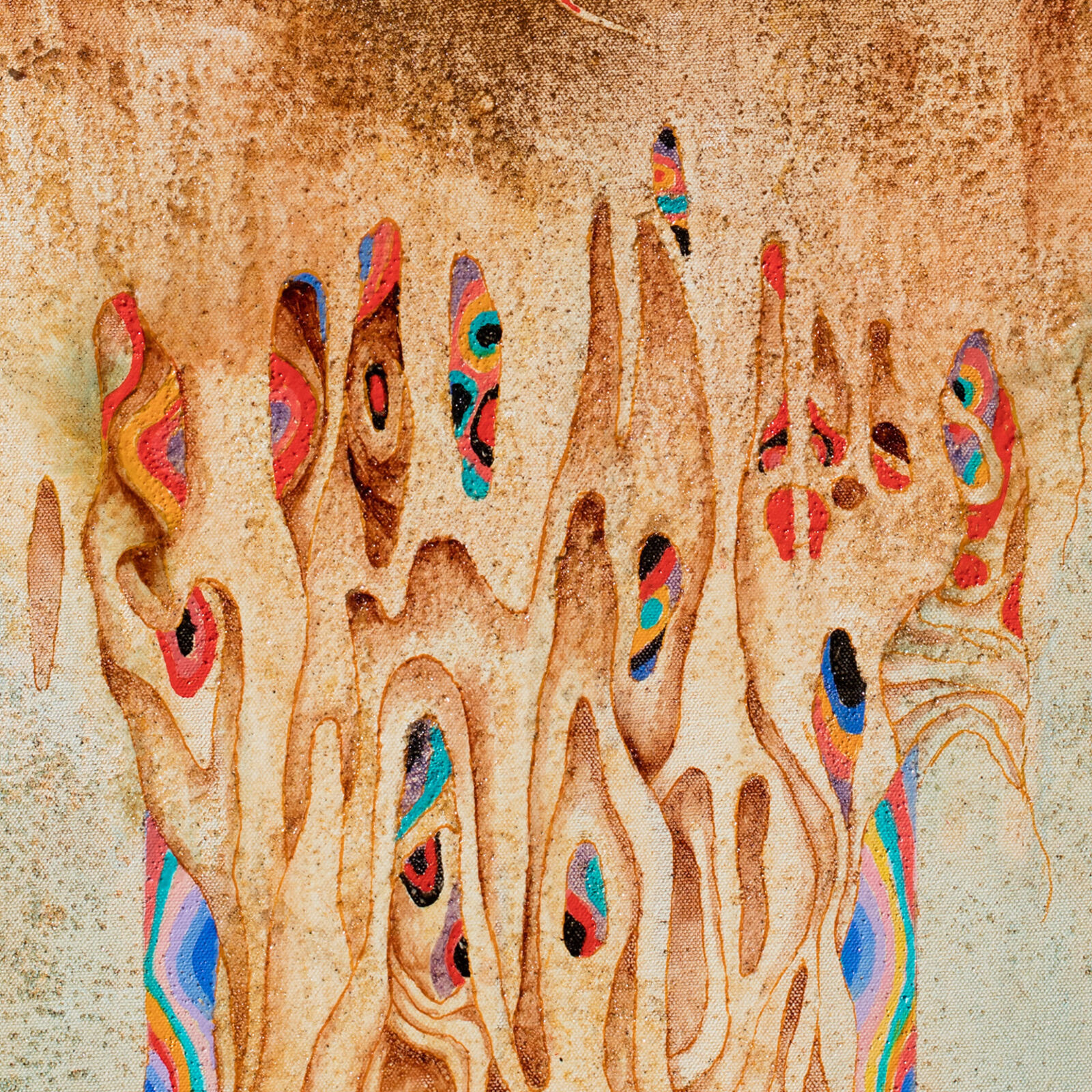 A painting of a tree in the middle of a desert.