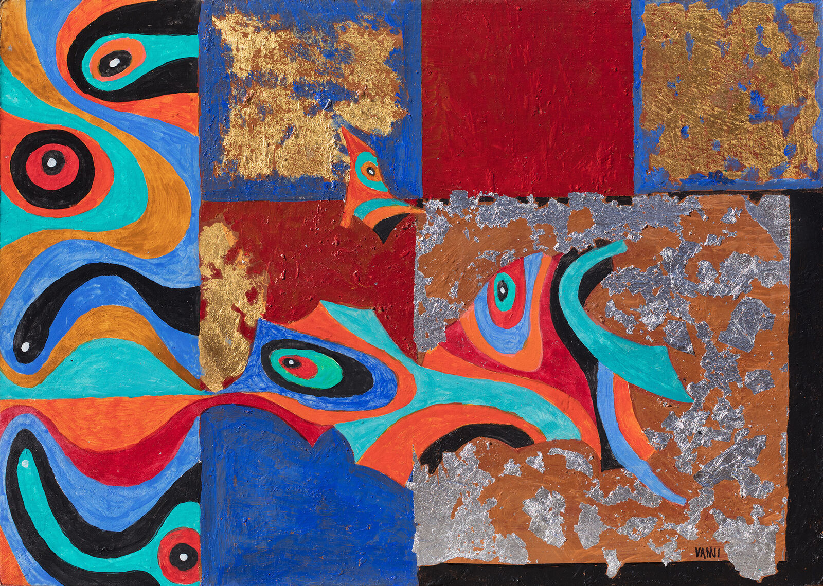 A painting of a colorful abstract painting on a black background.