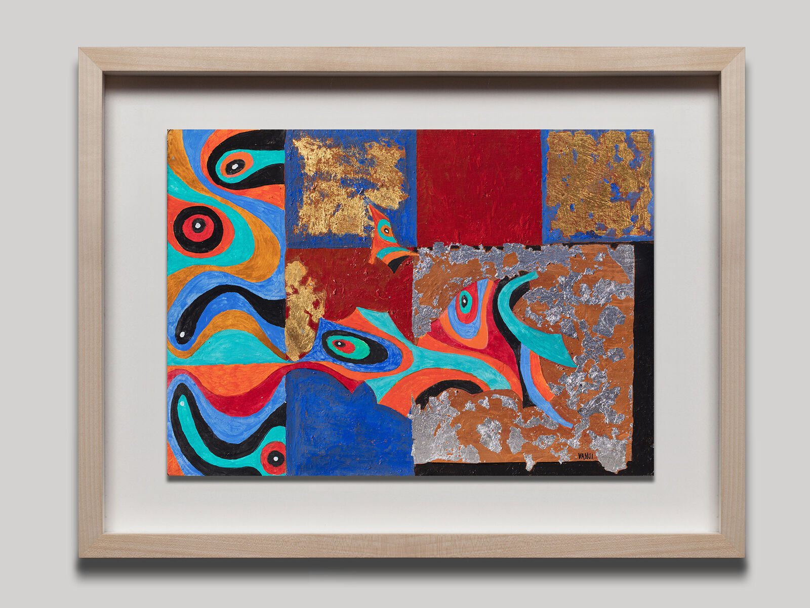 A painting of a colorful abstract painting on a black background.