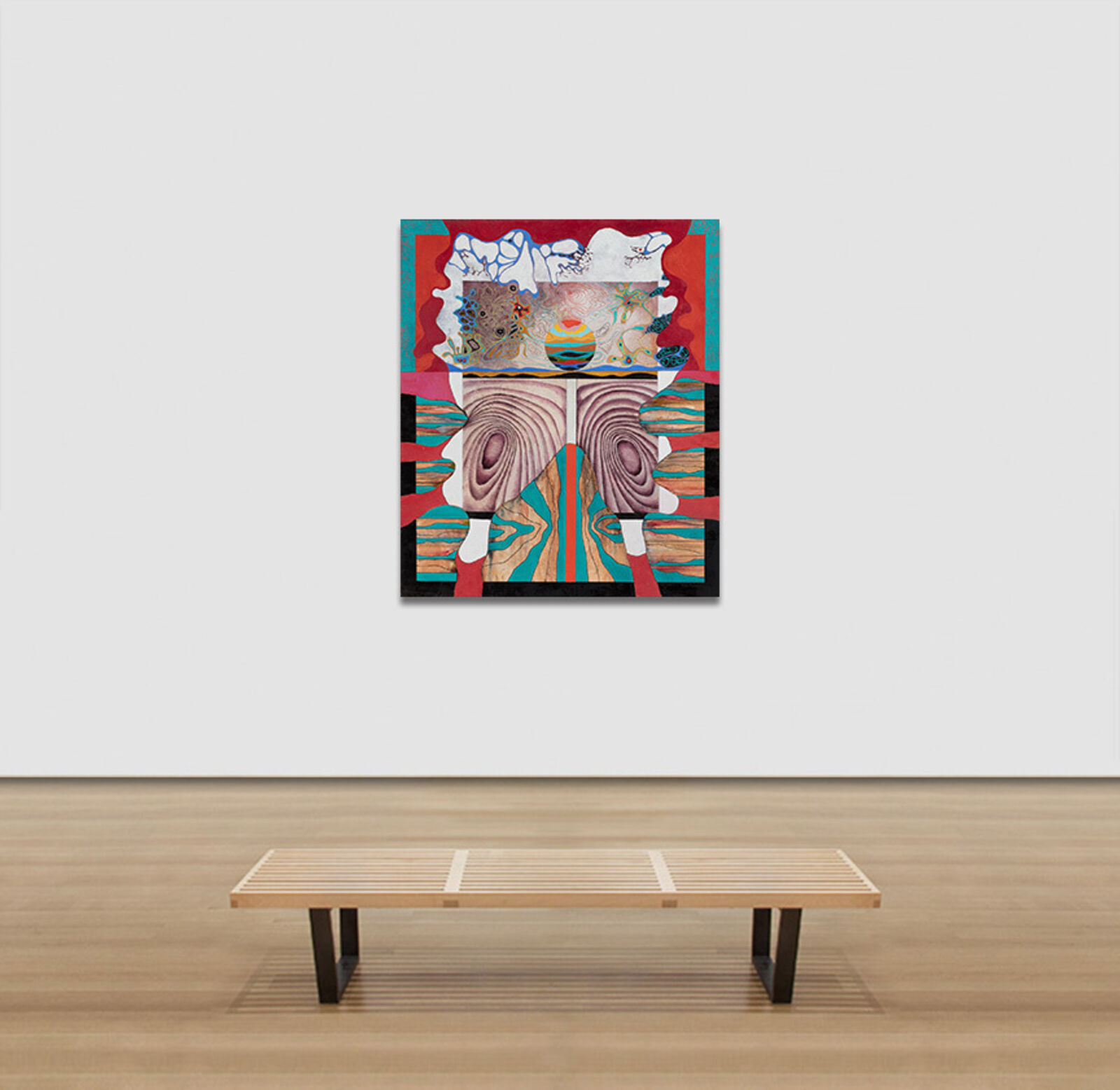 A painting of a woman's face with a sun in the background.