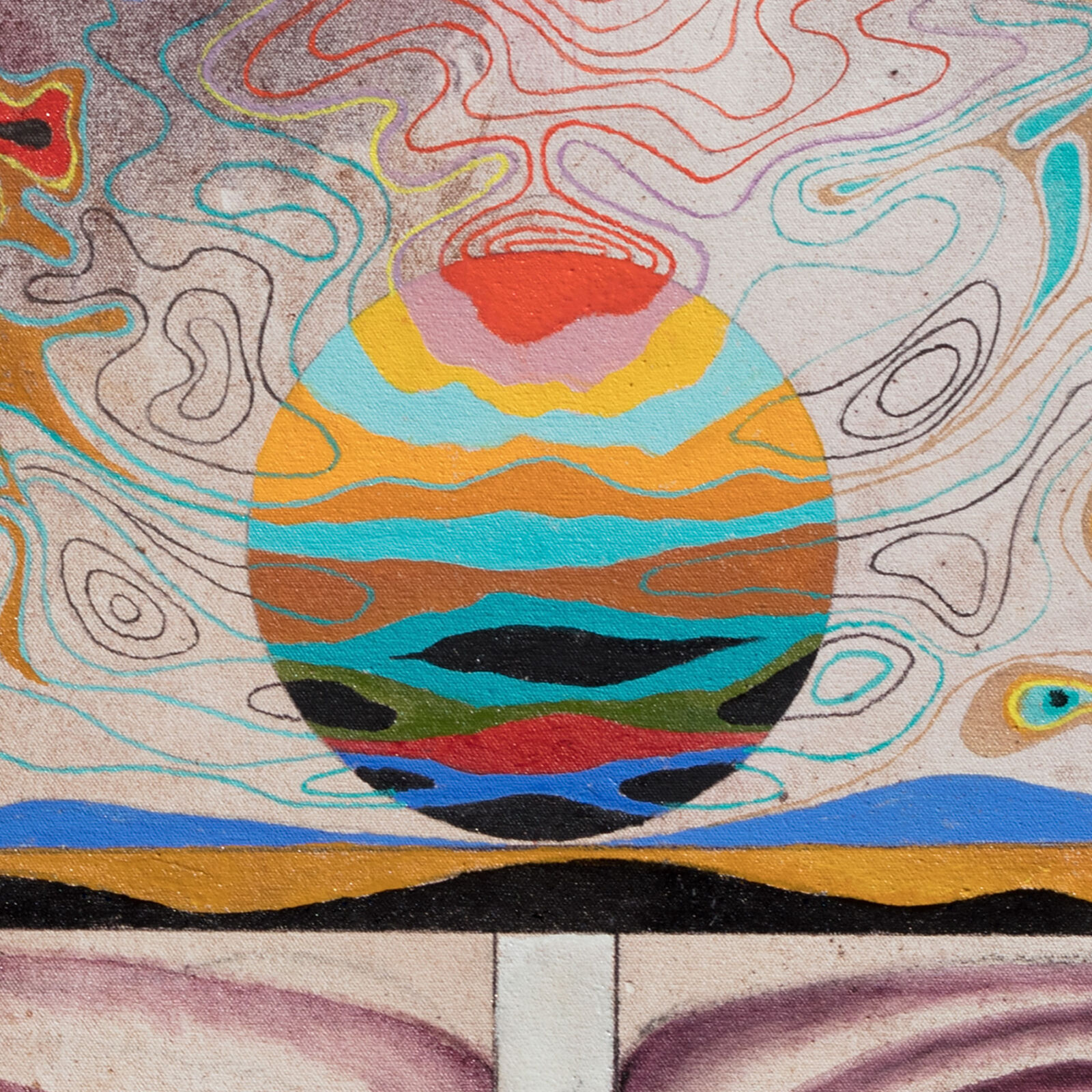 A painting of a woman's face with a sun in the background.