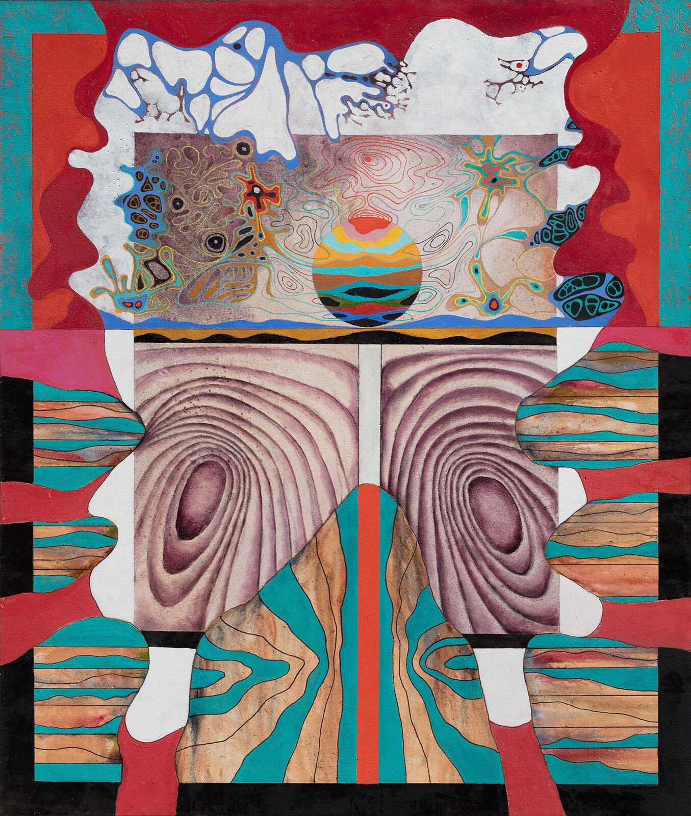 A painting of a woman's face with a sun in the background.