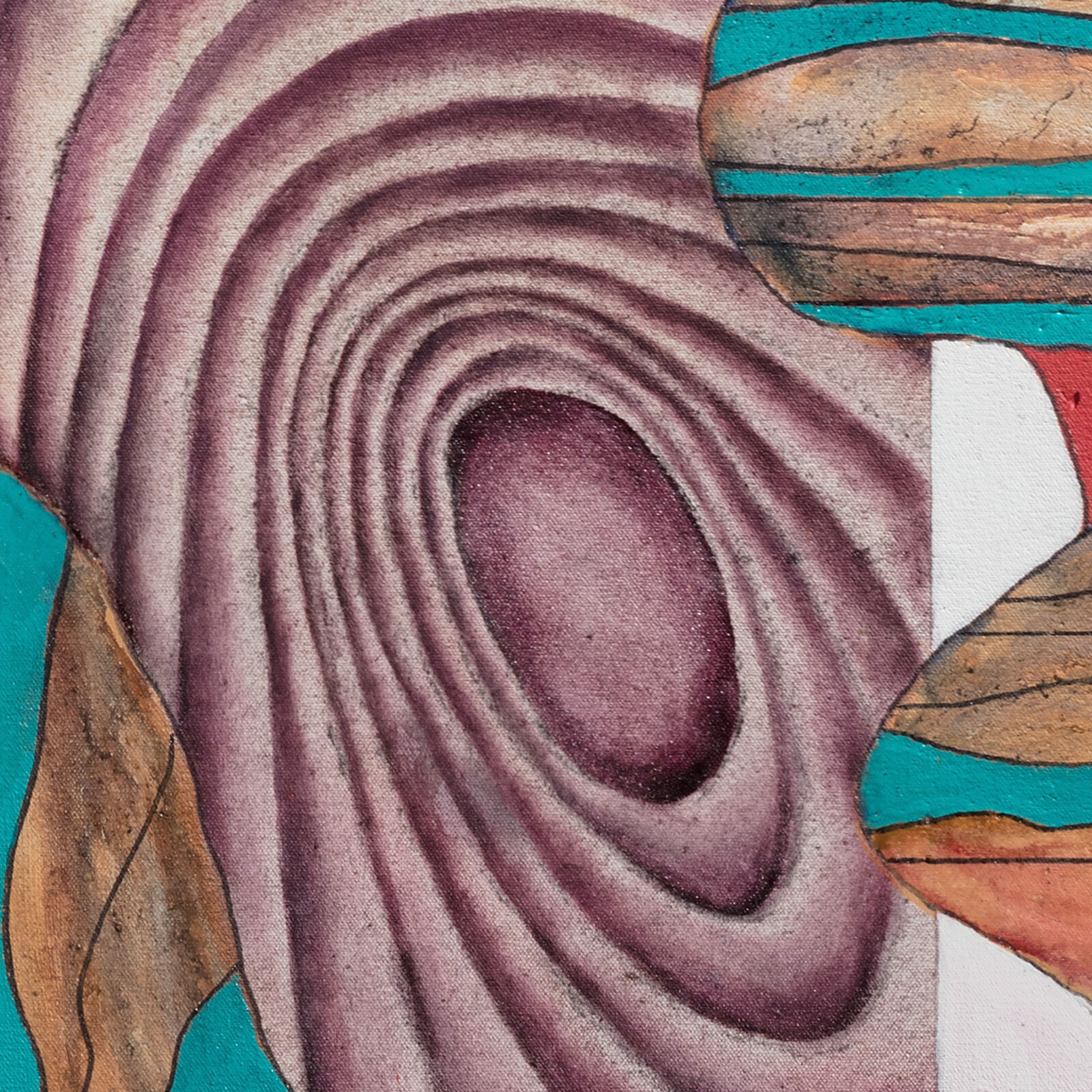 A painting of a woman's face with a sun in the background.